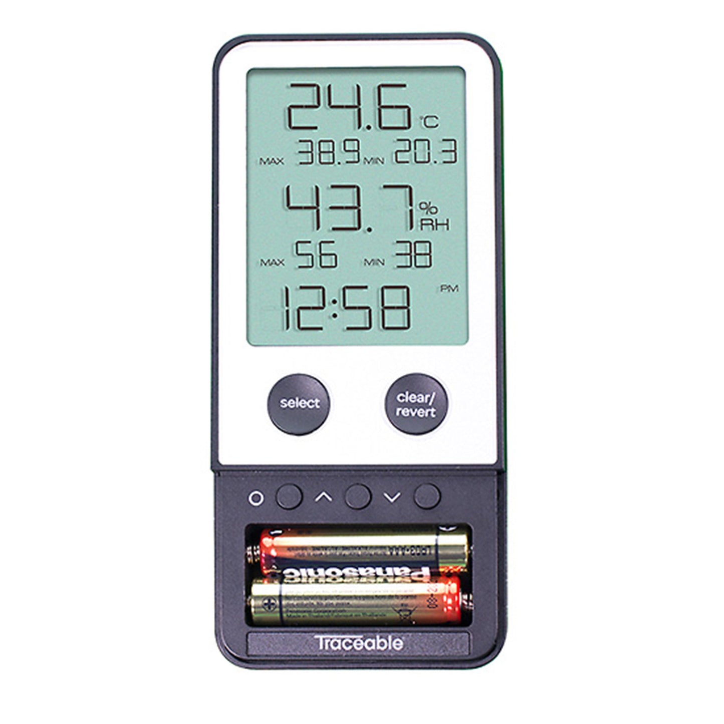 Traceable® Digital Thermometer / Hygrometer Fahrenheit / Celsius 32° to 122°F (0° to 50°C) Internal Sensor Flip-out Stand / Wall Mount Battery Operated (897971_EA)
