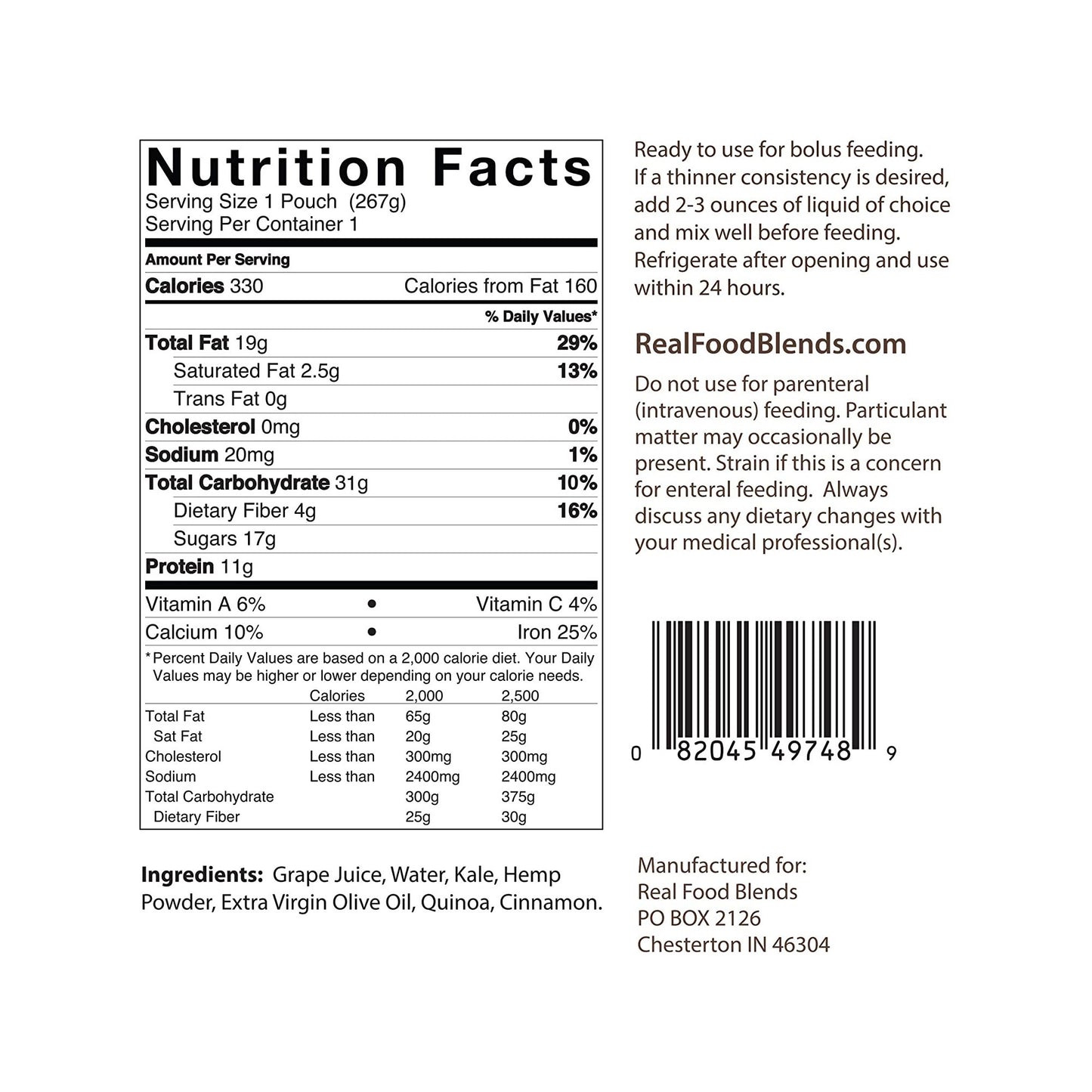 Real Food Blends® Tube Feeding Formula Quinoa / Kale / Hemp Flavor Liquid 9.4 oz. Pouch (979852_EA)