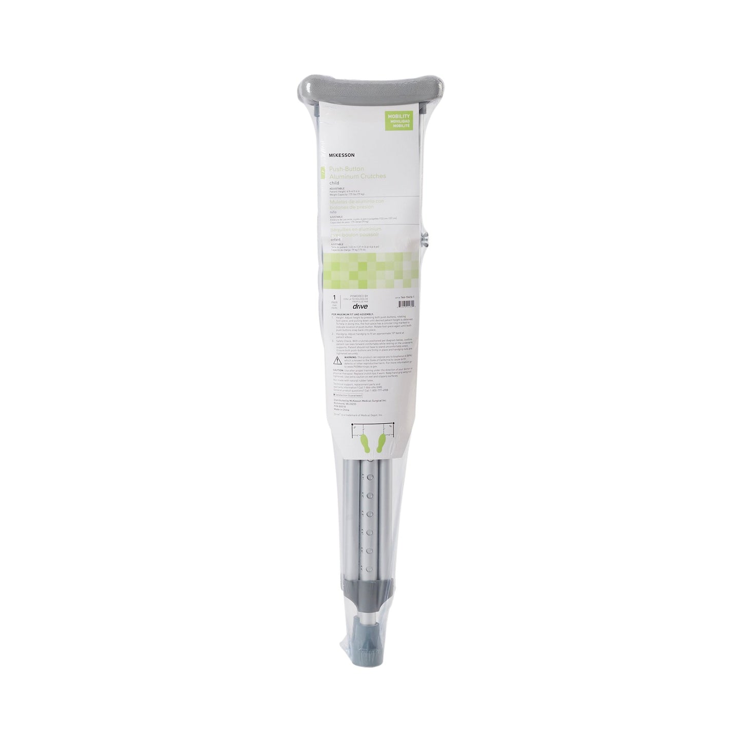 McKesson Underarm Crutches Pediatric 4 Foot to 4 Foot 6 Inch User Height Aluminum Frame 175 lbs. Weight Capacity (1076178_PR)