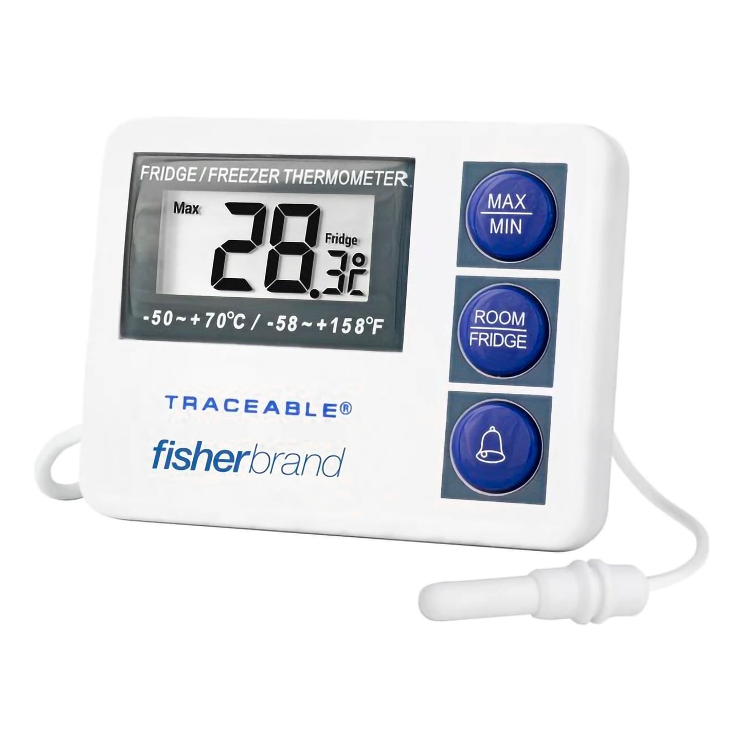 Fisherbrand™ Digital Refrigerator / Freezer Thermometer with Alarm Fahrenheit / Celsius -58° to +158°F (-50° to +70°C) External Probe Flip-out Stand / Wall Mount Battery Operated (780125_EA)