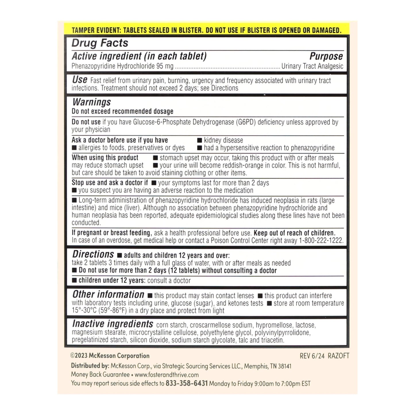 Foster & Thrive™ Urinary Pain Relief 95 mg Strength Phenazopyridine HCL Tablet 30 per Box (1244997_BX)