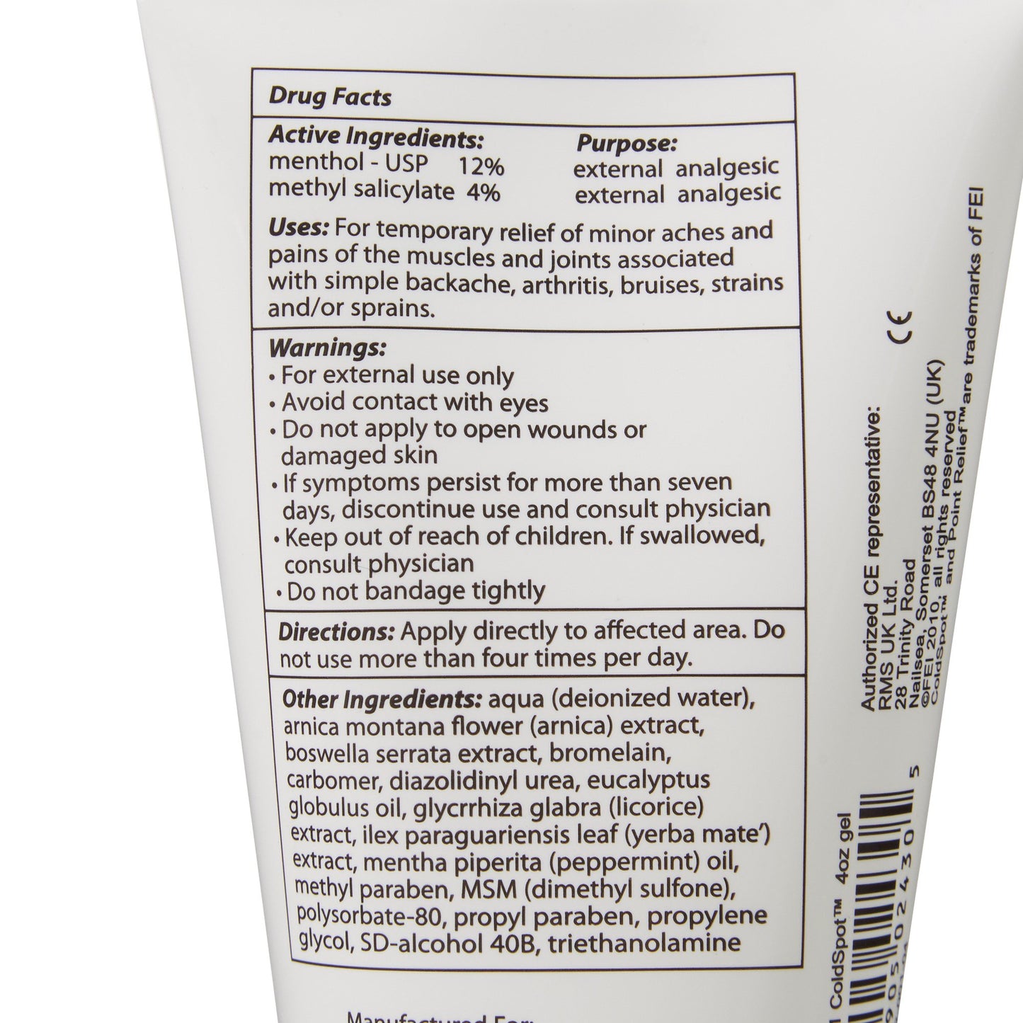 Point Relief® ColdSpot™ Topical Pain Relief 0.06% - 12% Strength Menthol / Methyl Salicylate Topical Gel 4 oz. (800238_EA)