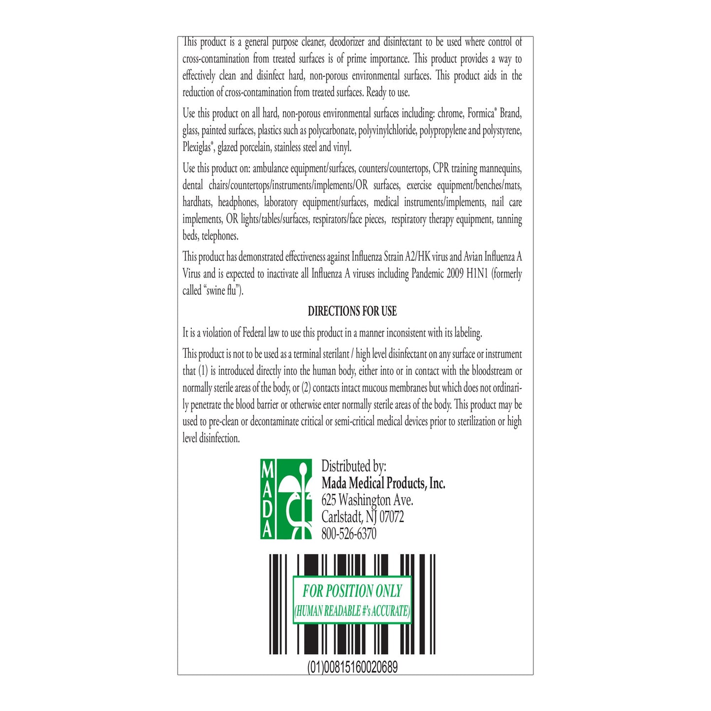 MadaCide-FD® Surface Disinfectant Cleaner Germicidal Manual Pour Liquid 1 gal. Jug Alcohol Scent NonSterile (403594_EA)