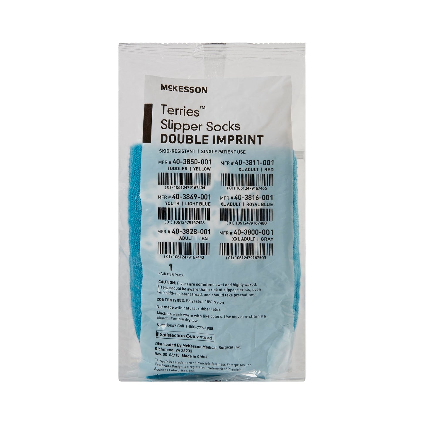 McKesson Terries™ Slipper Socks Unisex Adult One Size Fits Most Double Tread Single Patient Use Teal (558994_PR)