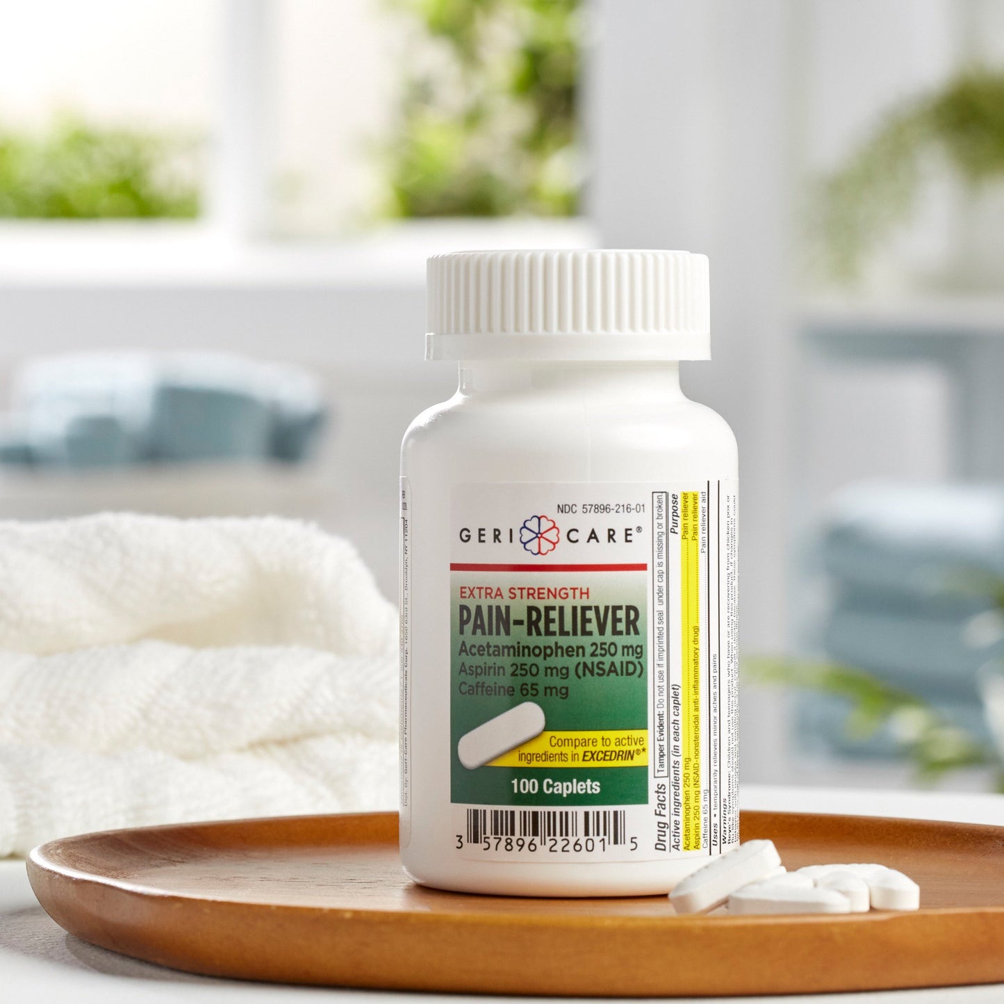 McKesson Brand Pain Relief 250 mg - 250 mg - 65 mg Strength Acetaminophen / Aspirin / Caffeine Caplet 100 per Bottle (868383_BT)
