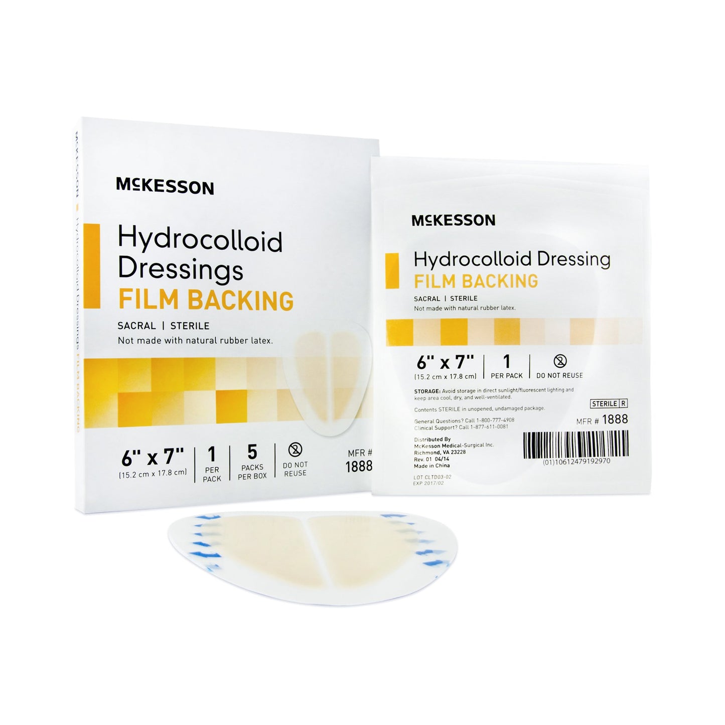 McKesson Hydrocolloid Dressing Waterproof Film Backing 6 X 7 Inch Sacral Hydrocolloid / Film (882993_EA)
