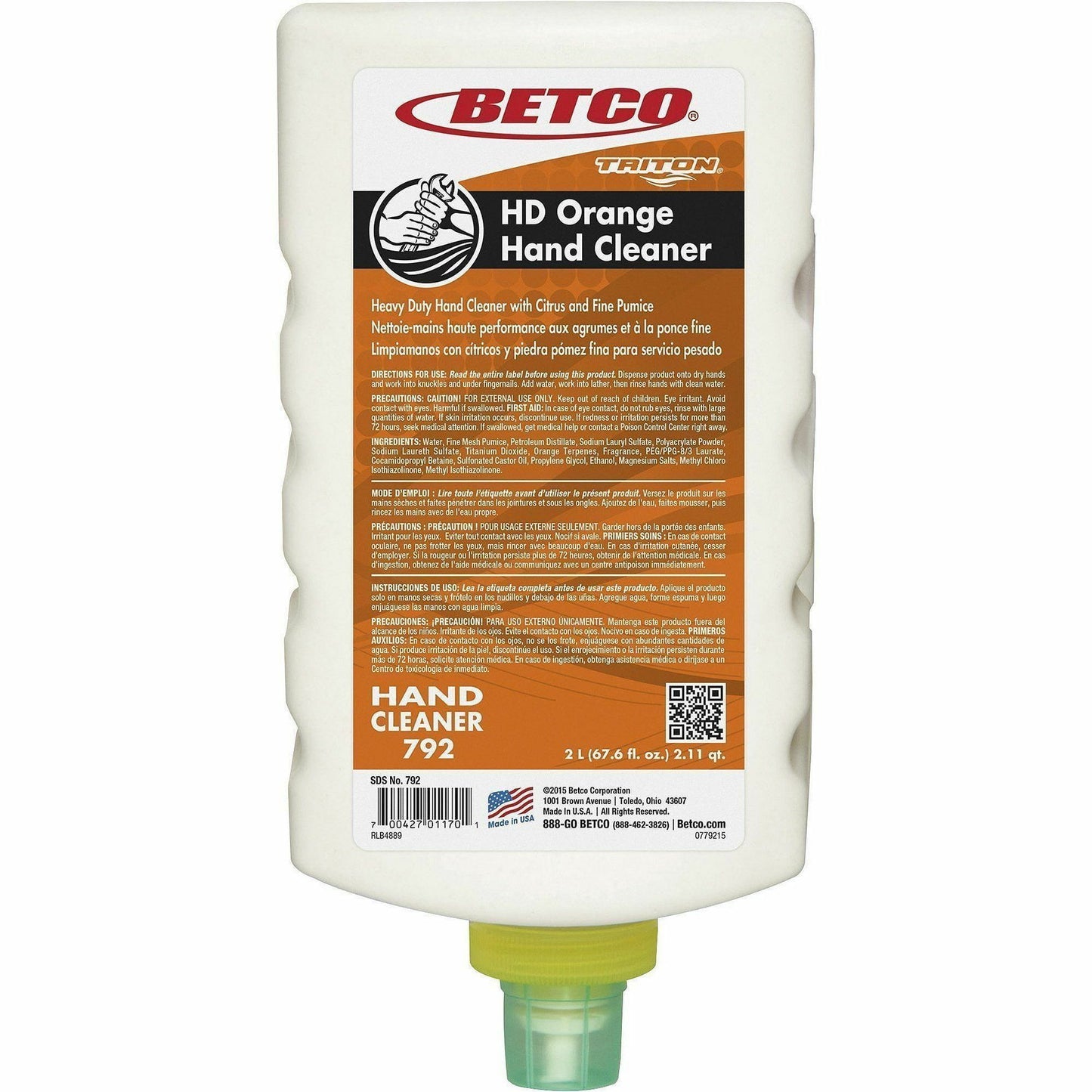 Betco Triton HD Orange Hand Cleaner Refill, Citrus Scent, 2.11 quart, 6/Carton (BET7926200)