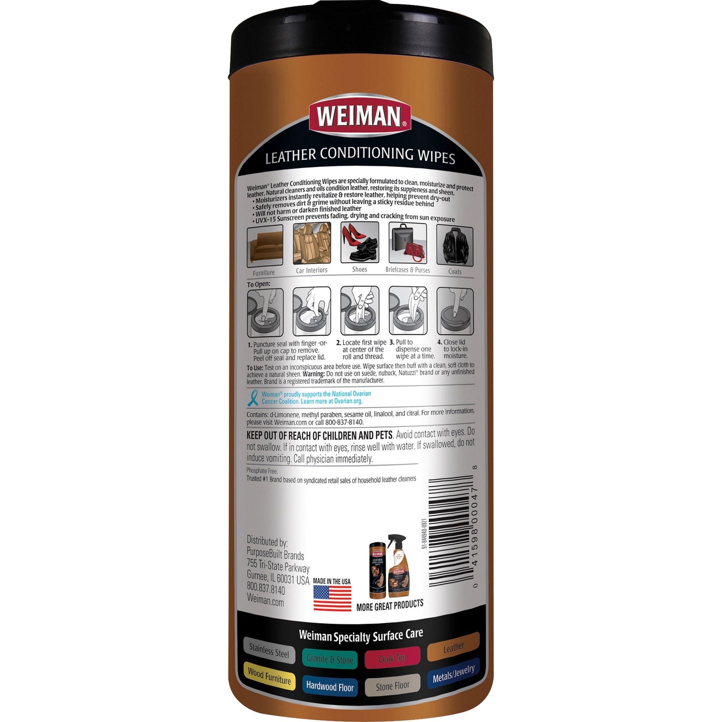 Weiman Products Leather Wipes, 8" x 7", 30/Tub (WMN91)