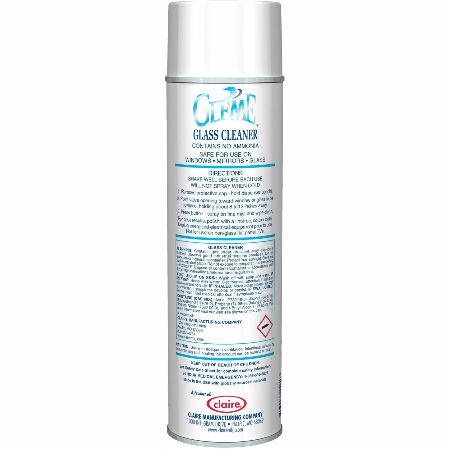 Claire Gleme Glass Cleaner, 19 fl oz, Clean & Fresh Scent, 12/Carton (CGCCL050)