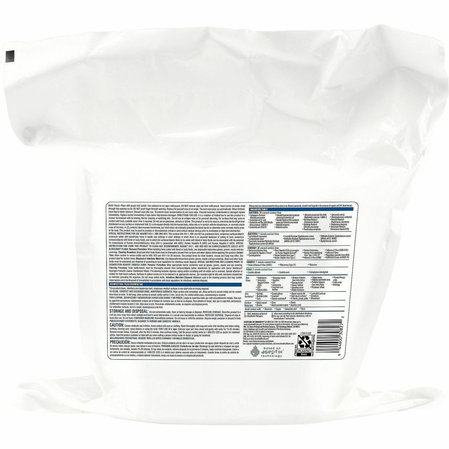 Clorox Healthcare Hydrogen Peroxide Cleaner Disinfectant Wipes Bucket Refill, 185/Pack, 200 Packs/Pallet (CLO30827PL)