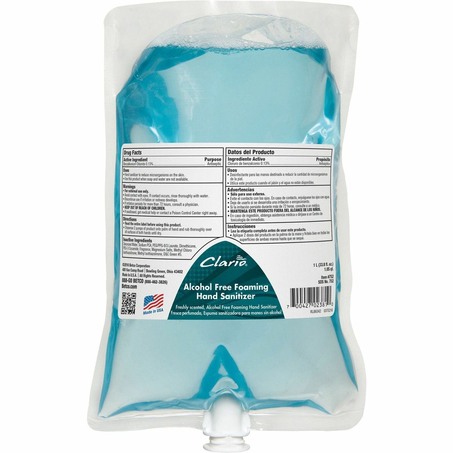 Betco Clario Hand Sanitizer Foam Refill, Fresh Neutral Scent, 1.06 quart, Pleasant Scent (BET7522900)
