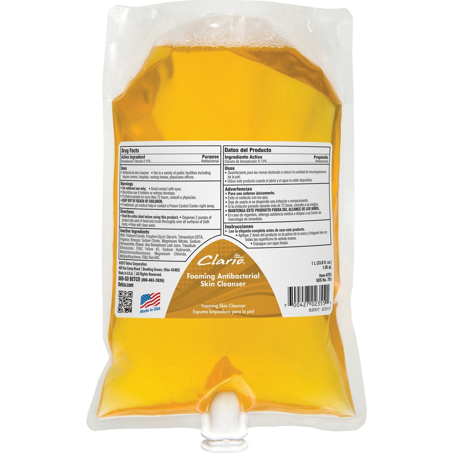 Betco Clario Foaming Antibacterial Skin Cleanser Refill, Foam, 1.06 quart, Fresh (BET7512900)