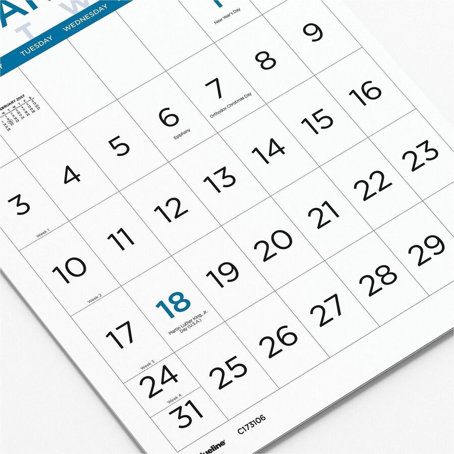 Blueline 12-Month Large Print Monthly Wall Calendar, January 2027 to December 2027 (REDC173106)