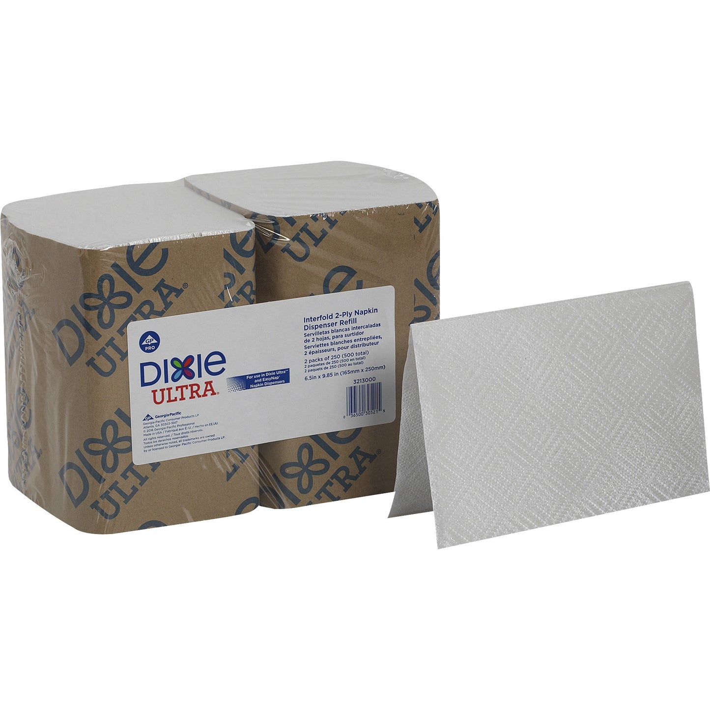 Dixie 2ply Napkin Dispenser Refill, Interfolded, 6.50" x 9", White, 250/Sleeve, 6/Carton (GPC3213000)