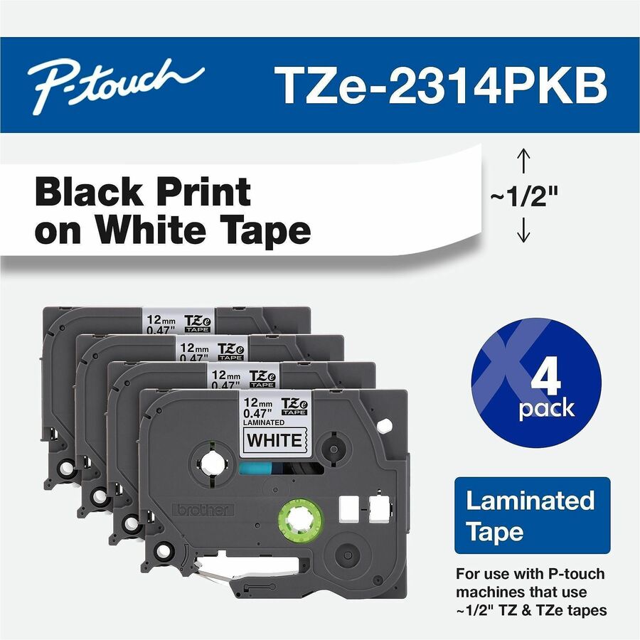 Brother TZe Series Standard Adhesive Laminated Labeling Tape, 0.5", Black on White, 4/Pack (BRTTZE2314PKB)
