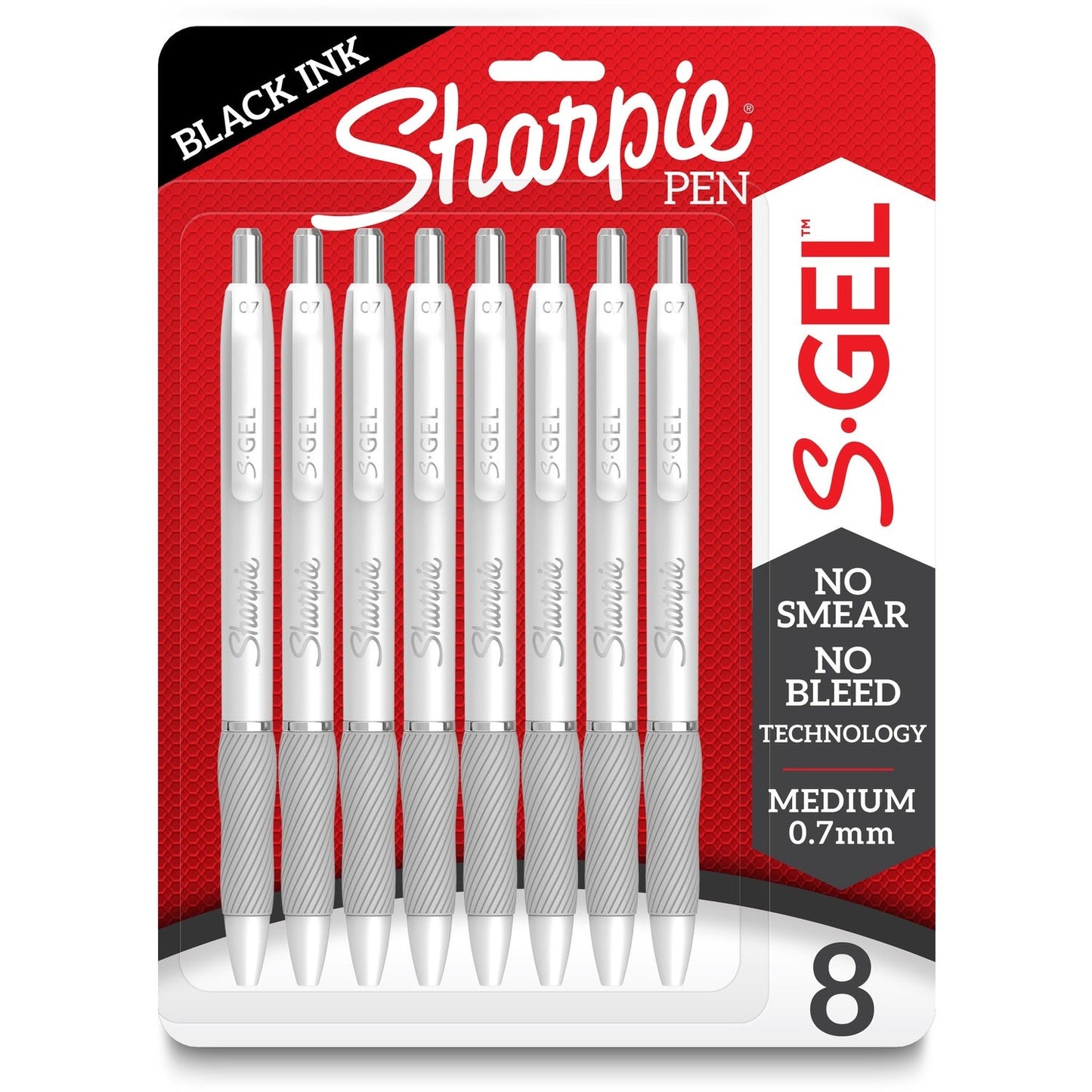sharpie-s-gel-pens-medium-pen-point-0-7-mm-pen-point-size-black-gel-based-ink-white-metal-barrel-8-pack-num-san2169762_1