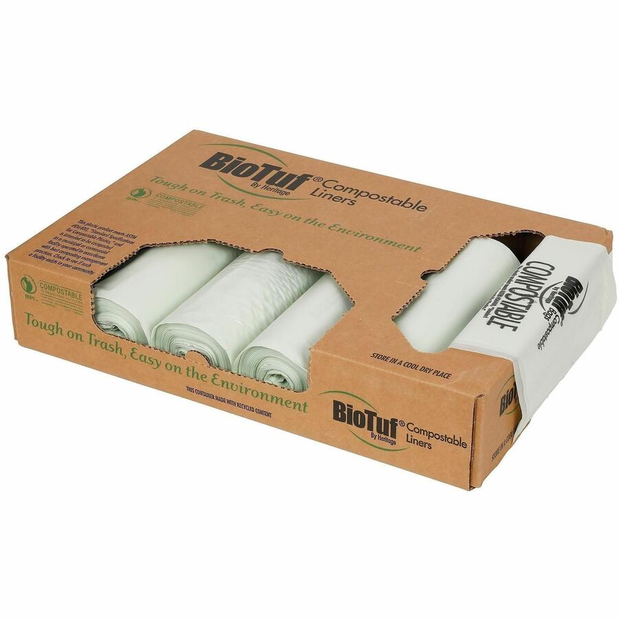 Heritage BioTuf Compostable Can Liners, 30 gal Capacity, 39" x 30" x 1.20 mil Thickness, 125/Box, Green (HERY6039SER01)