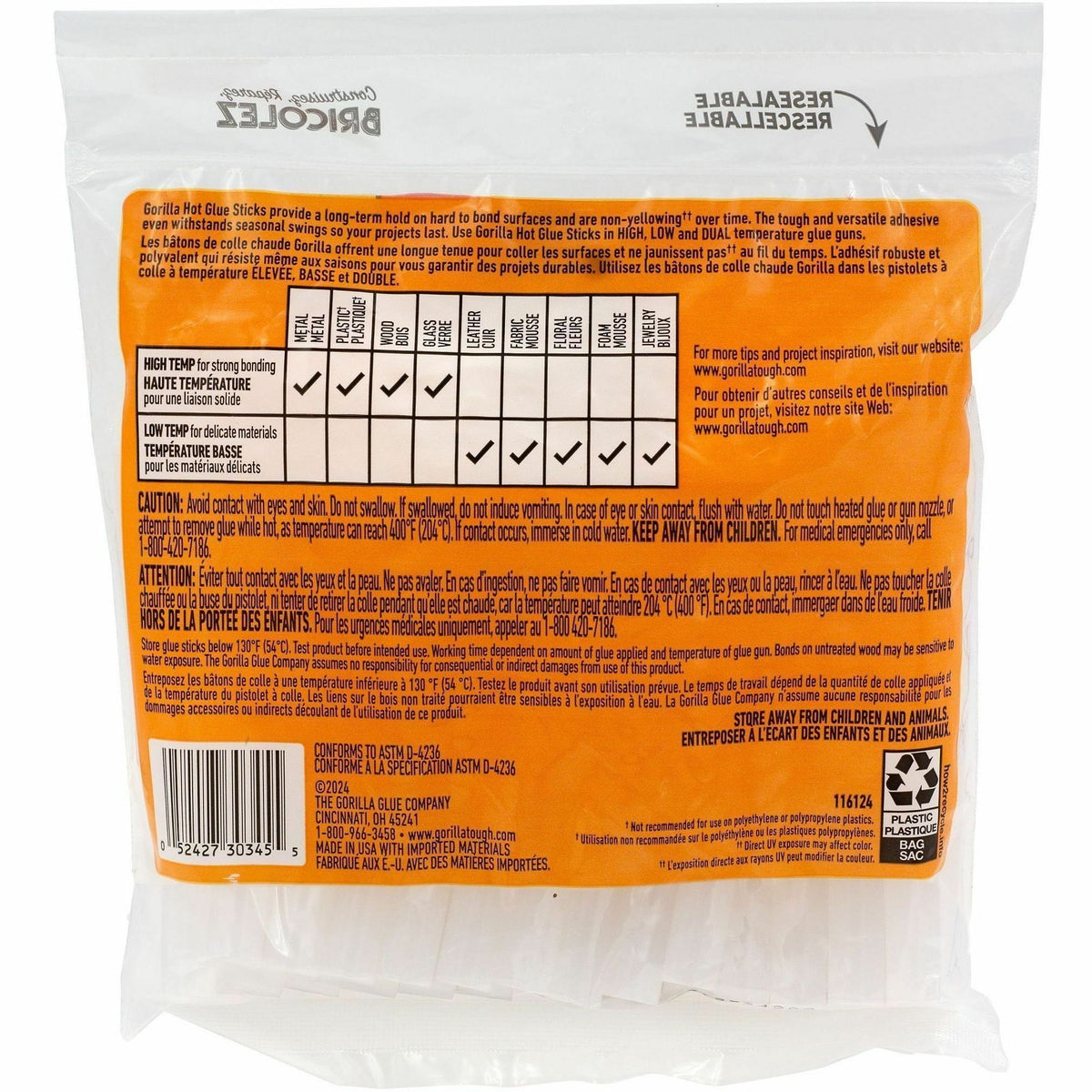 Gorilla Hot Glue Sticks, 0.43" dia x 4", Dries Clear, 45/Pack (GOR3034502)