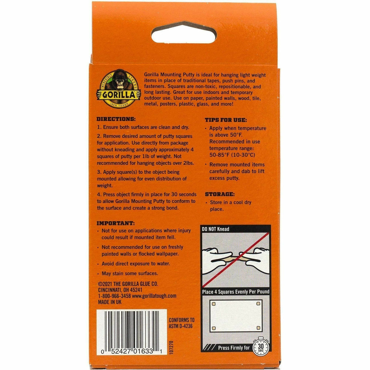 Gorilla Mounting Putty, Beige, For Indoor, Outdoor, Mounting, Paper, Wall, Wood, Tile, Metal, Glass, 168/Pack (GOR109100)