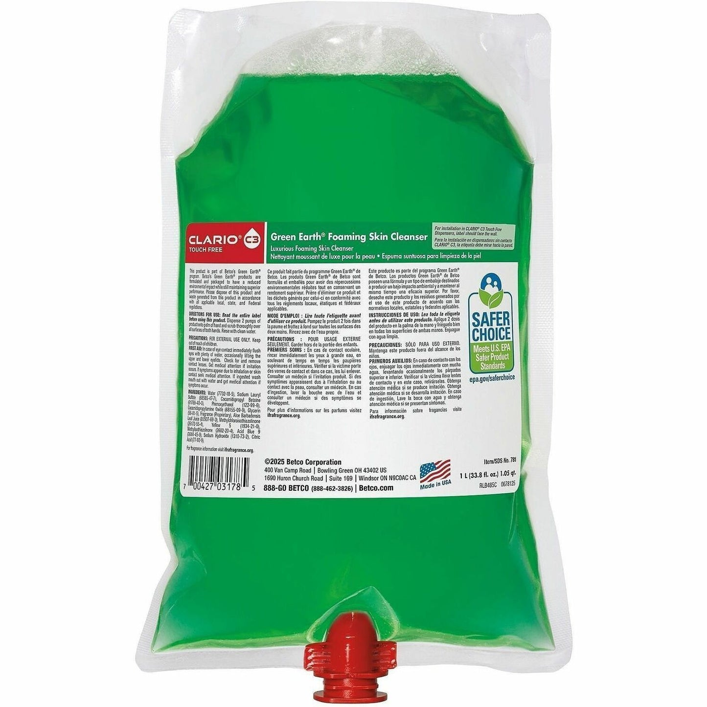 Green Earth Skin Cleanser Refill, Foam, 1.06 quart, Fresh Meadow, 6/Carton (BET781H200CT)