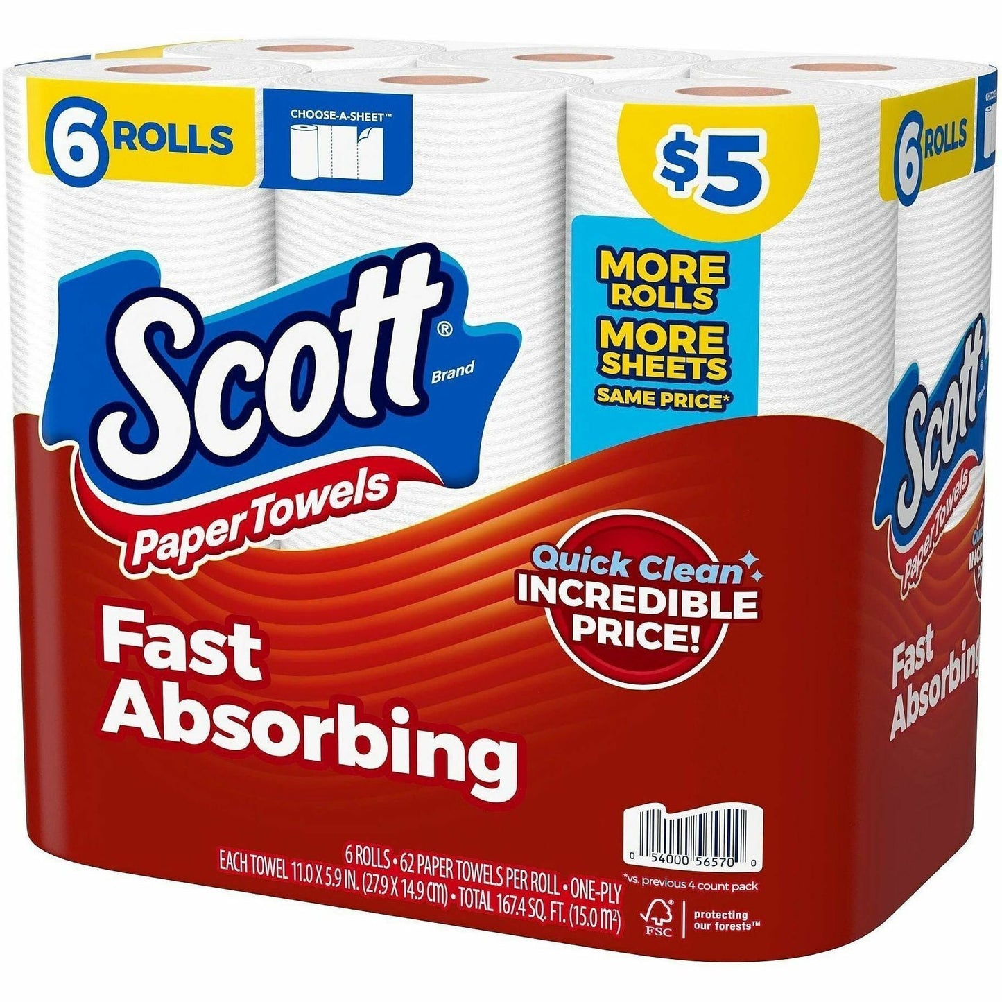 Scott Choose-A-Sheet Paper Towels, 62 Sheets/Roll, White, Paper, 6/Pack (KCC56570)