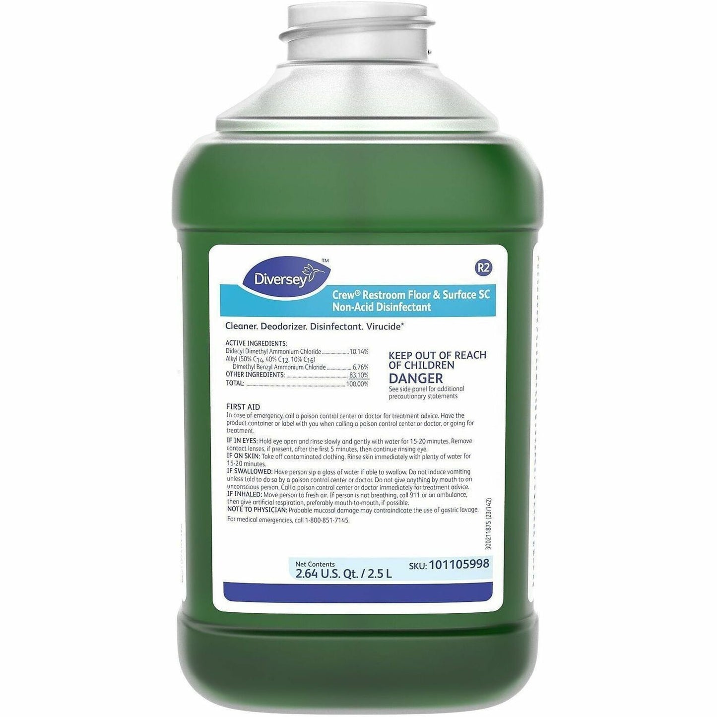Diversey Crew Restroom Disinfectant Cleaner, 84.5 fl oz, 6 to 8 pH, Fresh Scent, 2/Carton (DVO101105998)