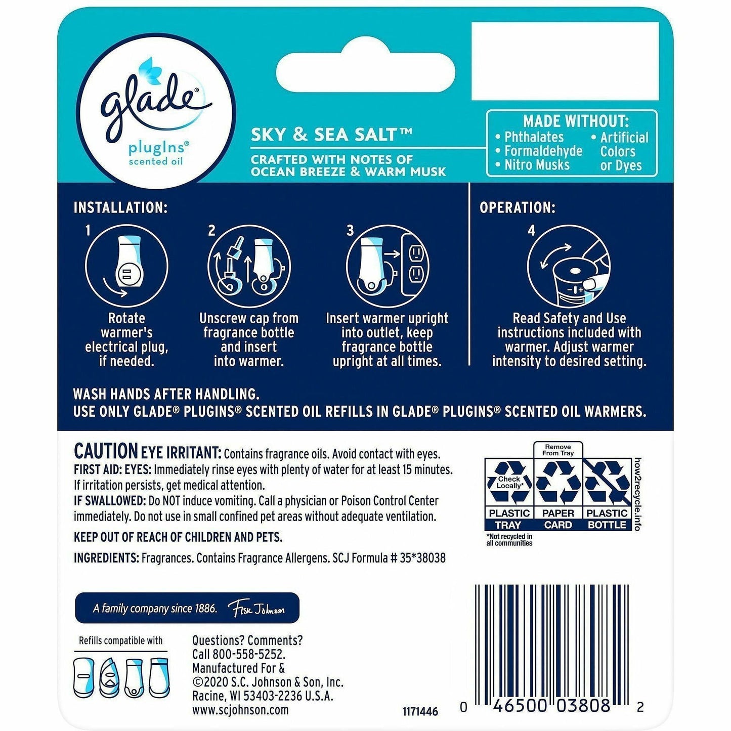 Glade PlugIns Refill, Oil, 550 Sq. ft., 0.6 fl oz, Sky & Sea Salt, 2/Pack, 6/Carton (SJN375770CT)