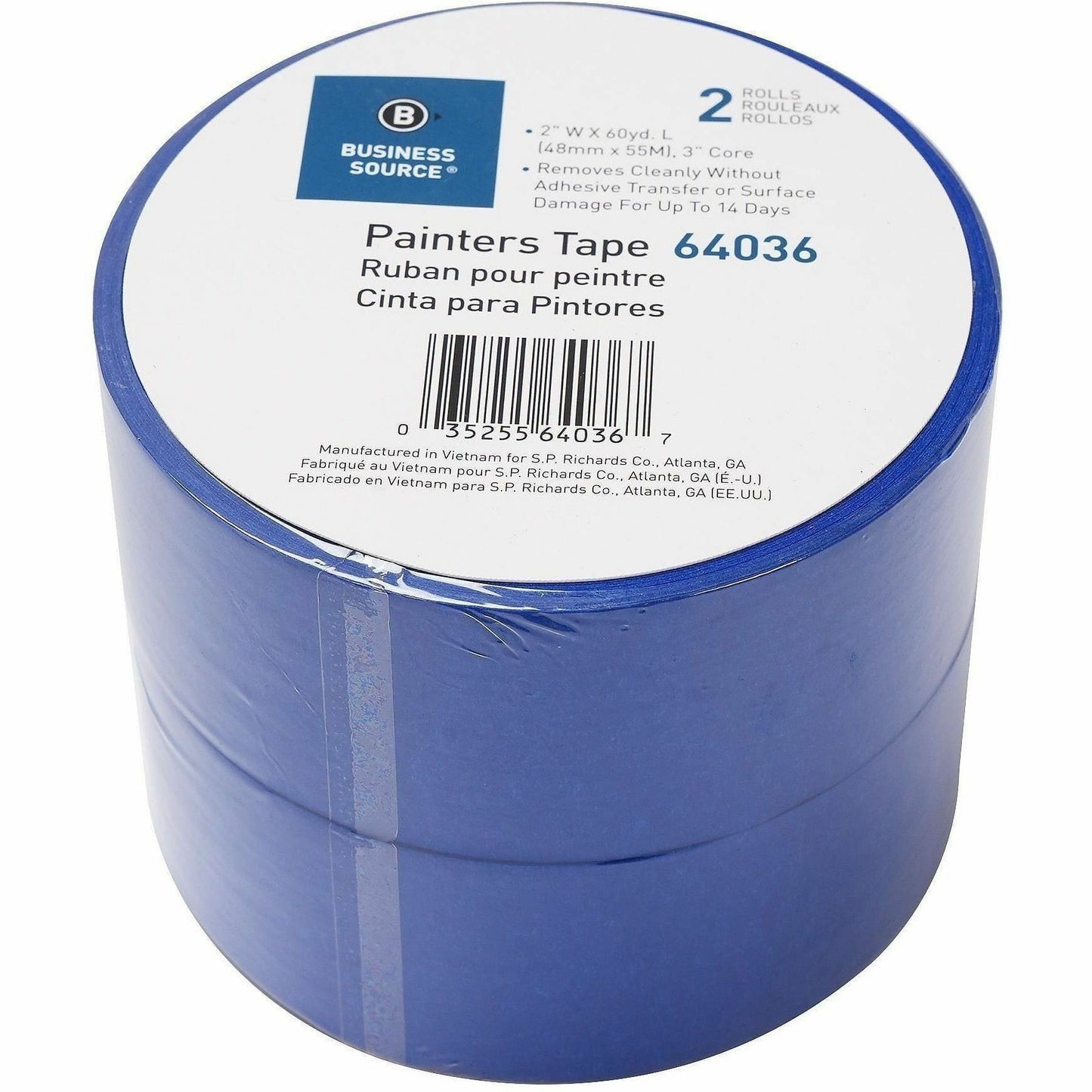 Business Source Multisurface Painter's Tape, 60 yd Length x 2" Width x 5.5 mil Thickness, Blue, 2/Pack (BSN64036)