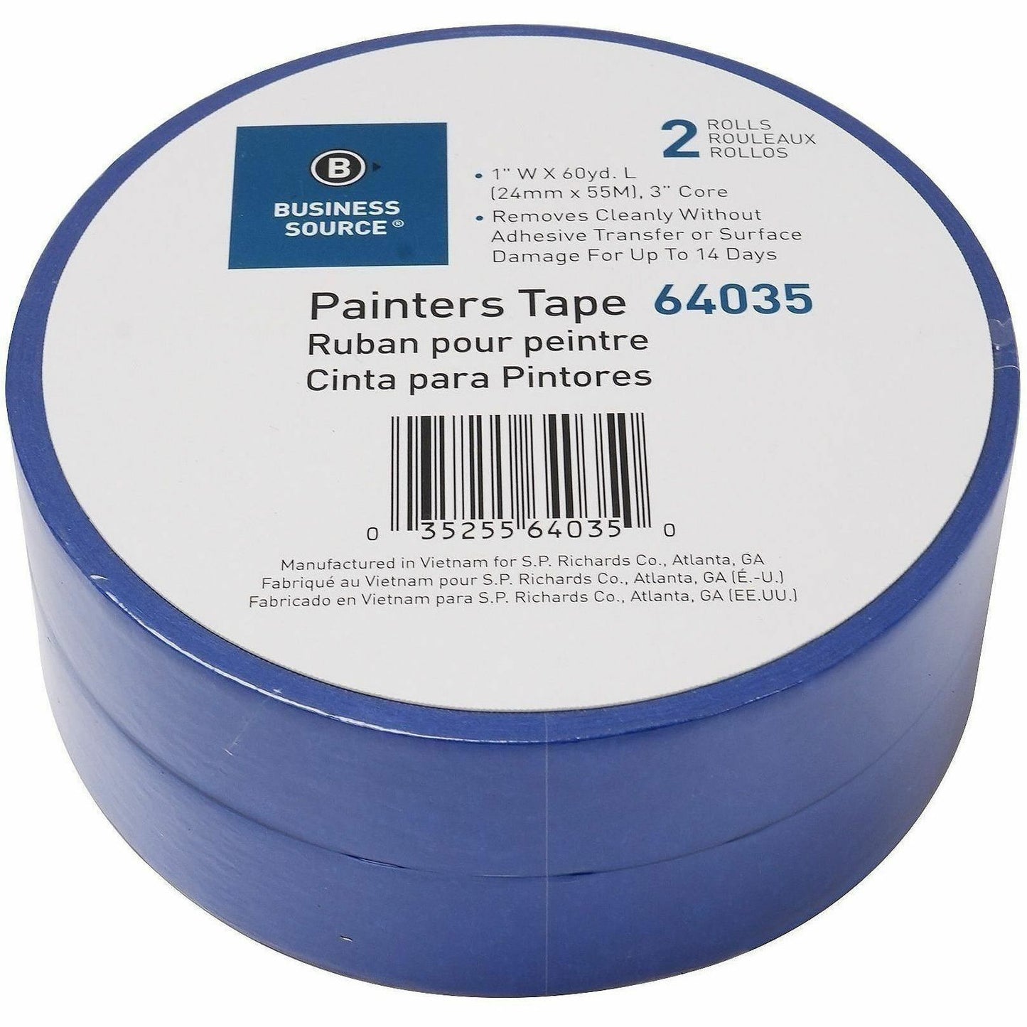 Business Source Multisurface Painter's Tape, 60 yd Length x 1" Width x 5.5 mil Thickness, Blue, 2/Pack (BSN64035)