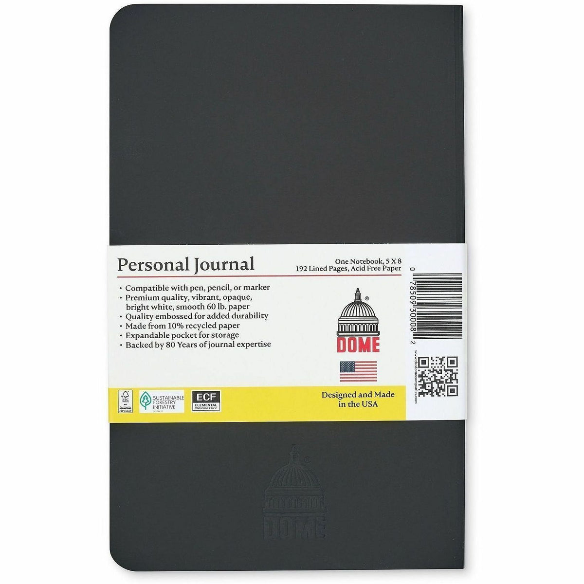 Dome Personal Journal, 60 lb Basis Weight, 5" x 8", 5 x 8 Inch Softcover Black Lined Journal Notebook, Bright White Paper (DOM30008)