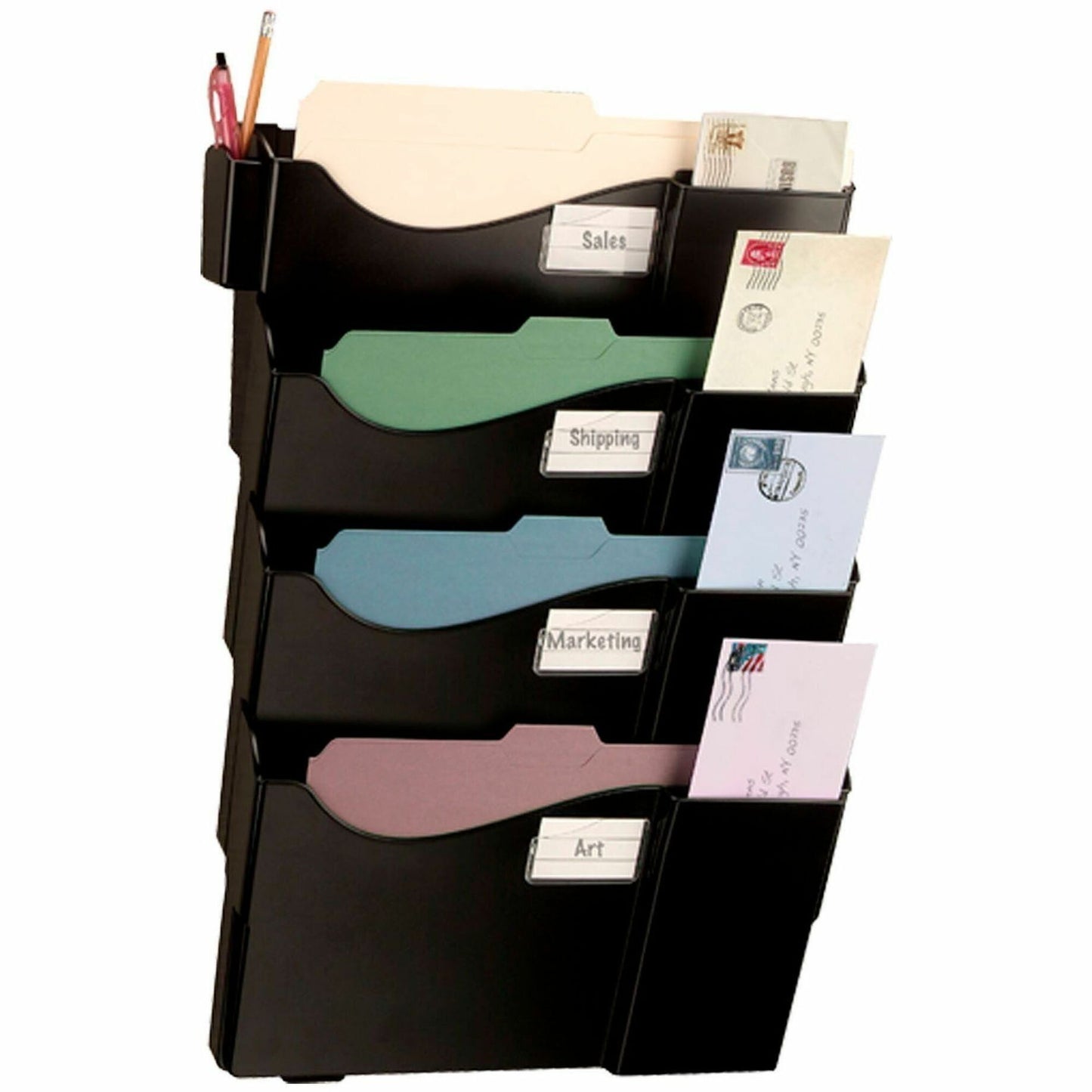 Business Source Grande Central 4-Section Filing System, 4 Pocket(s), 27.50" Height x 16.63" Width x 4.75" Depth, Black, 4/Pack (BSN08137)