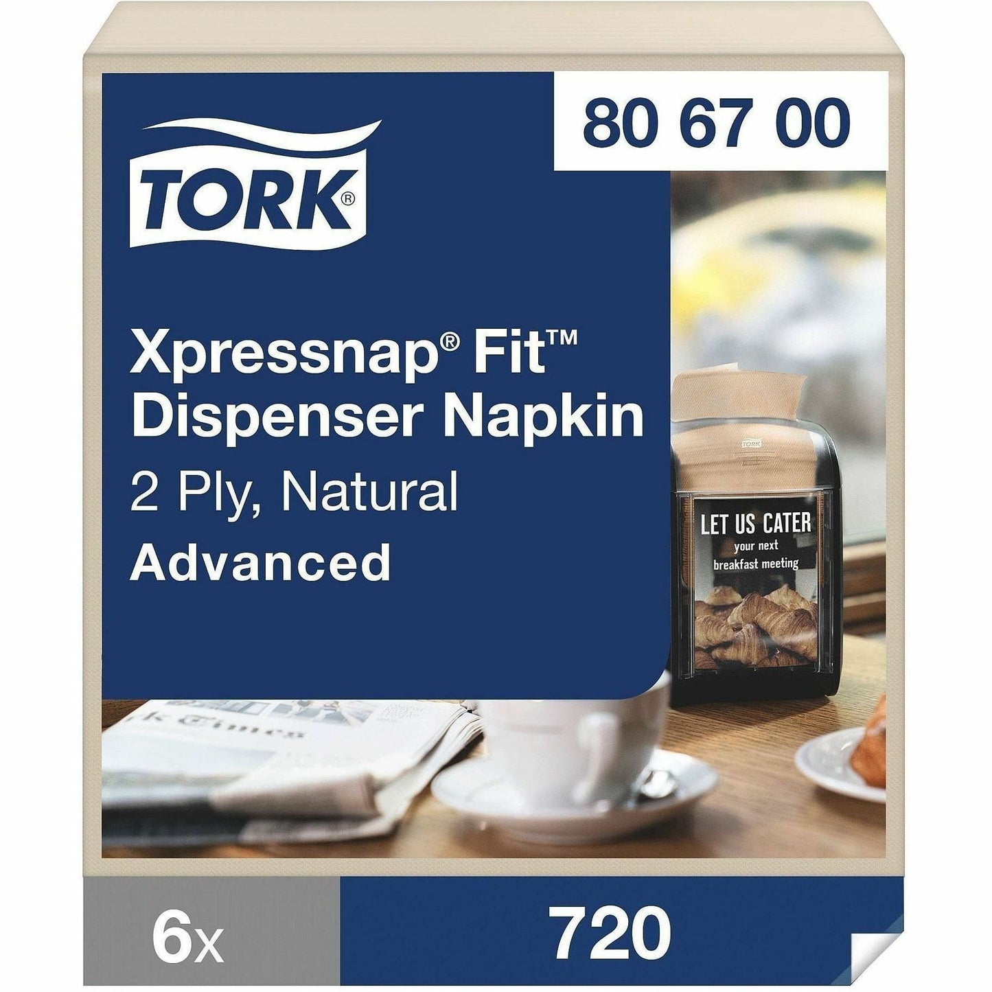 TORK Xpressnap Fit Dispenser Napkins, 2 Ply, Multifold, 6.50" x 8.40", Natural, 720 Napkins/Pack, 6/Carton (TRK806700)