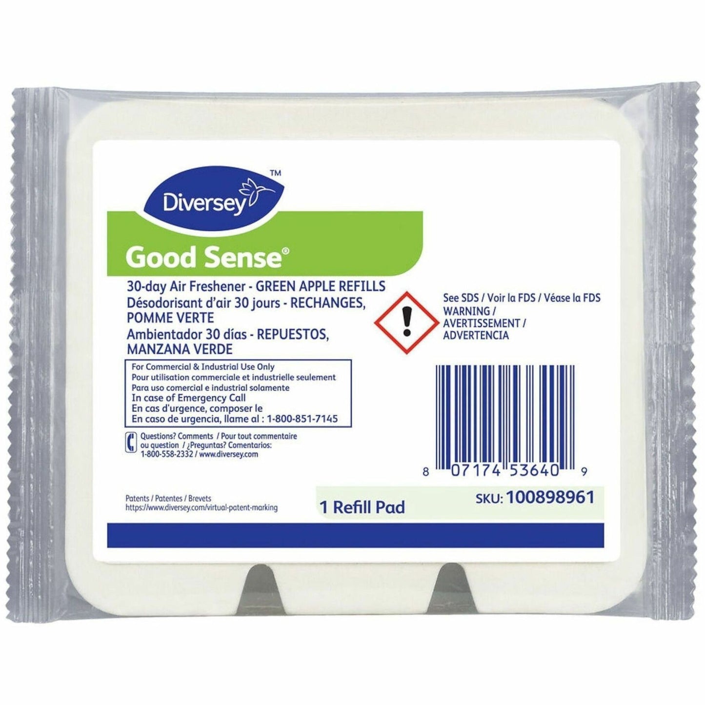 Diversey GoodSense 30Day Air Freshener Refills, Pad, 0.6 fl oz, Green Apple, 12 Refills/Pack, 1 Carton (DVO100898961)
