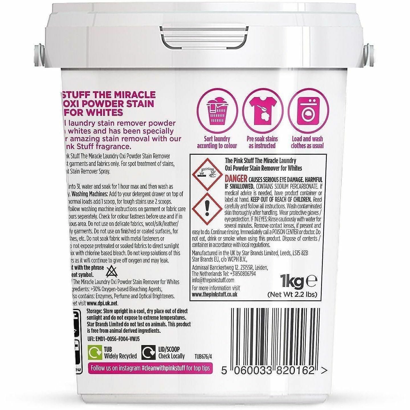 The Pink Stuff Laundry Oxi Powder Stain Remover, 35.20 oz, Fresh, Clean Scent, 6/Carton (RST20162)
