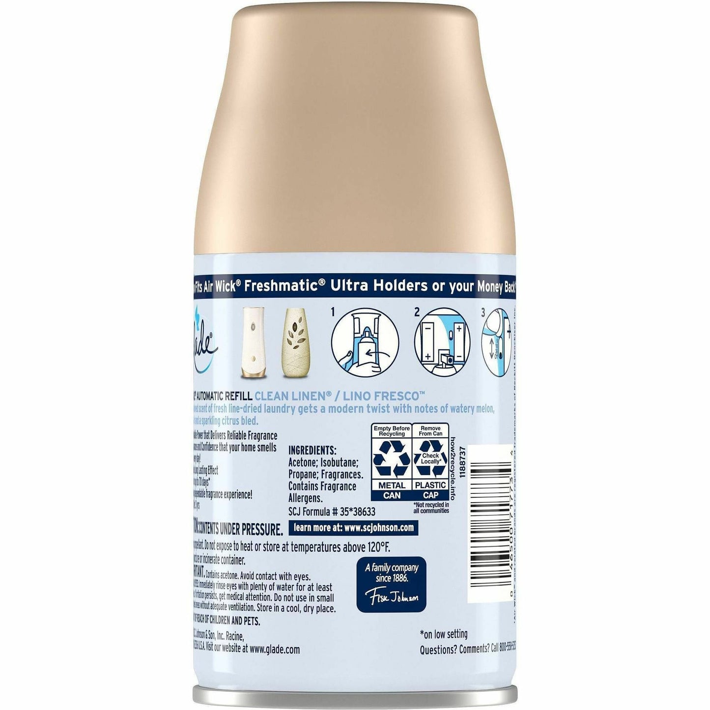 Glade Automatic Spray Refills, Aerosol, 6.2 fl oz, Clean Linen, 70 Day (SJN389270)