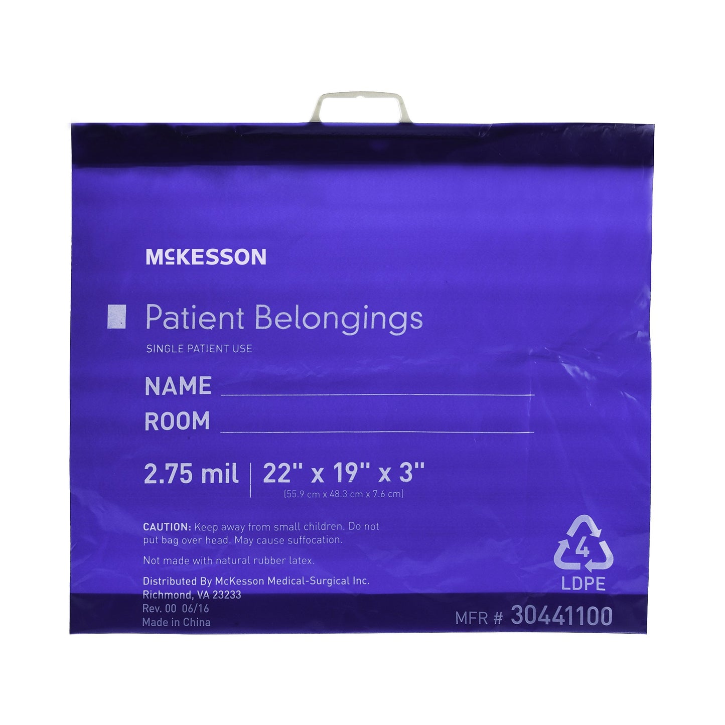 McKesson Patient Belongings Bag 3 X 19 X 22 Inch Polyethylene Snap Closure Blue (447755_EA)