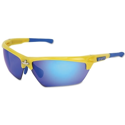 MCR Safety Dominator® DM3 Safety Glasses, Blue Diamond Mirror Lens, Duramass®, Yellow Polycarbonate/Blue TPR (135-DM1348B)