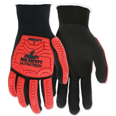 MCR Safety UT1950 UltraTech™ Impact Level 1 Mechanics Knit Gloves, 2X-Large, Hi-Vis Red TPR, Black Coating/Shell (127-UT1950XXL)