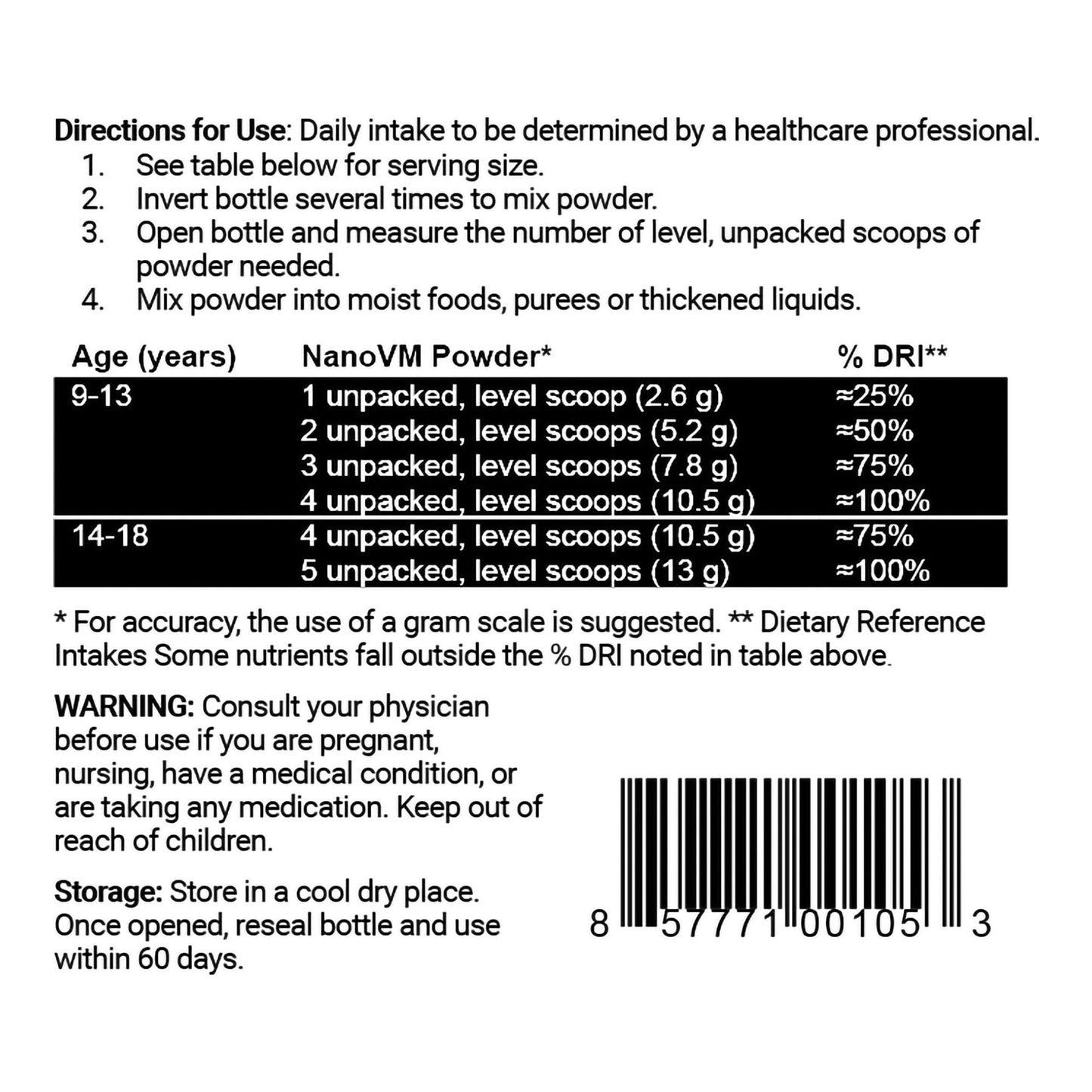 NanoVM® 9 - 18 Years Pediatric Oral Supplement Unflavored 275 Gram Jar Powder Vitamins / Minerals Food Allergies (971490_EA)