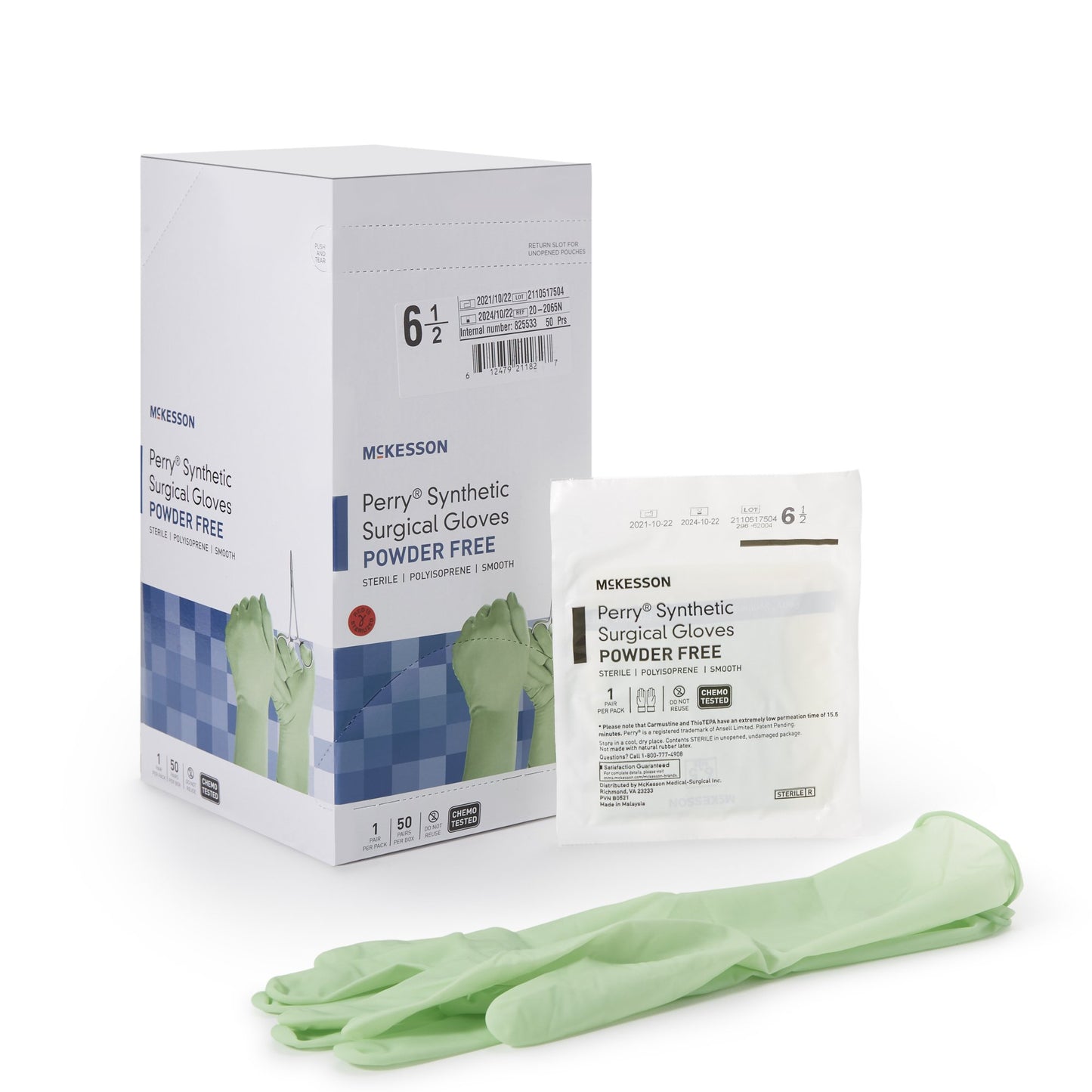 McKesson Perry® Performance Plus Surgical Glove Size 6.5 Sterile Polyisoprene Standard Cuff Length Smooth Green Chemo Tested (1044721_BX)