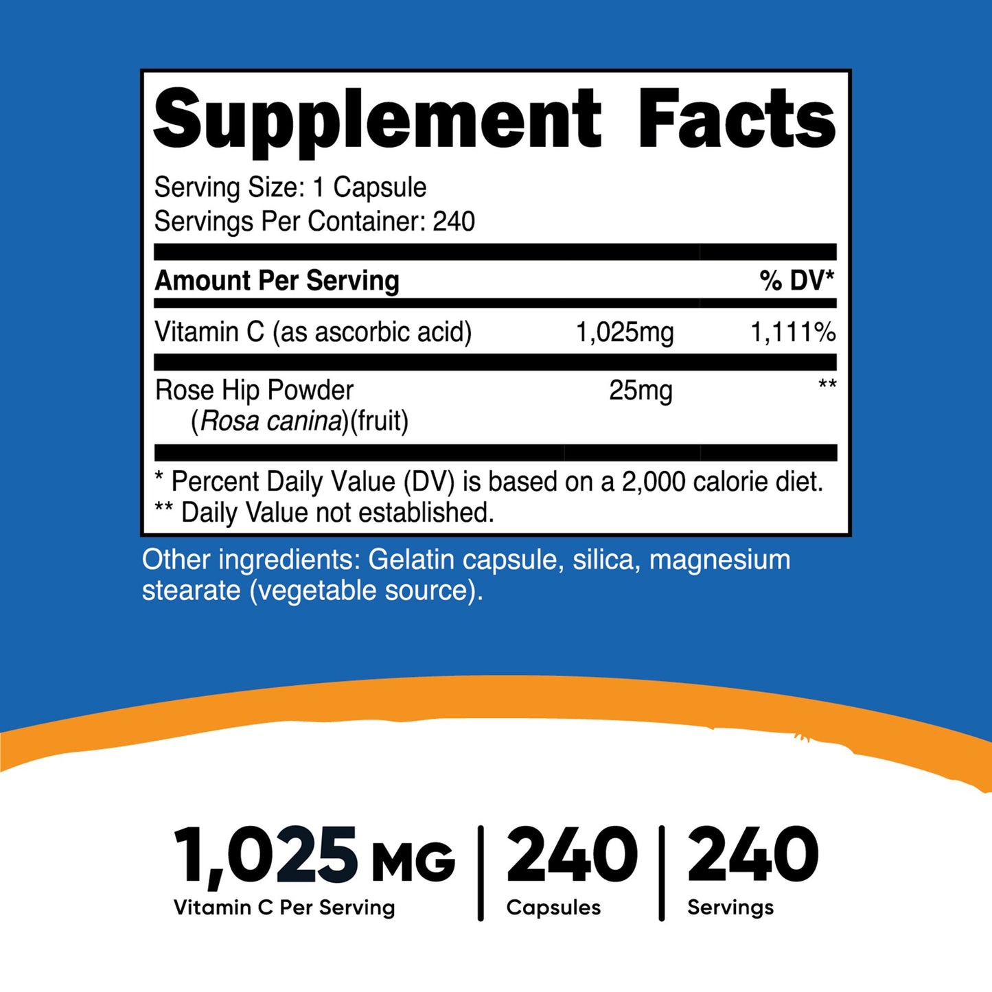nutricost® Vitamin C with Rose Hips Dietary Supplement Vitamin C / Rose Hips 1,000 mg - 25 mg Strength Capsule 240 Per Bottle (1270253_BT)