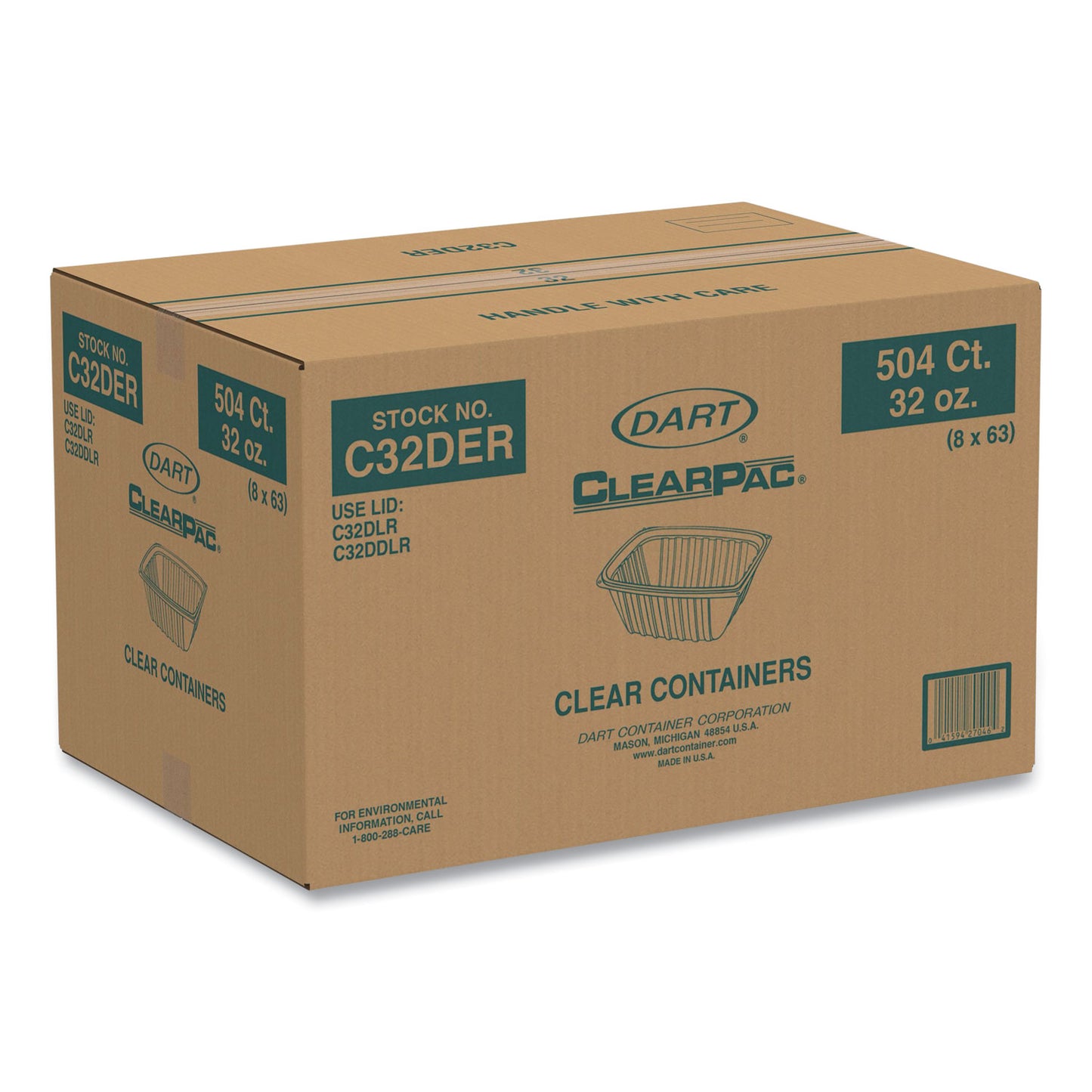 Dart® ClearPac Containers, 32 oz, 9.4 x 6.8 x 2.1, Plastic, 63/Pack, 8 Pack/Carton (DCCC32DER)