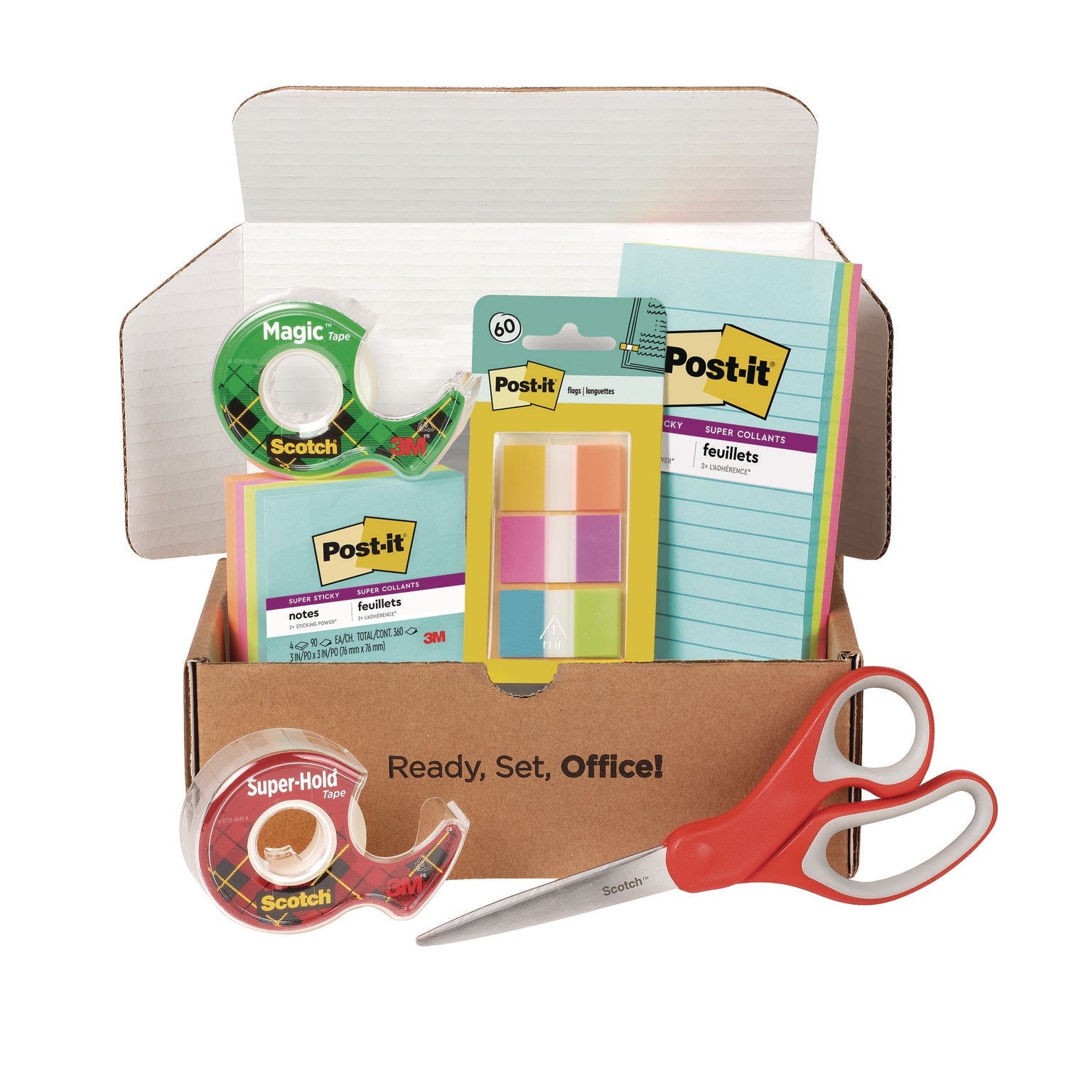 scotch-office-essentials-kit-7-pads-assorted-super-sticky-notes-1-pack-flags-roll-magic-tape-roll-super-hold-tape-1-scissors-mmmspipk_1