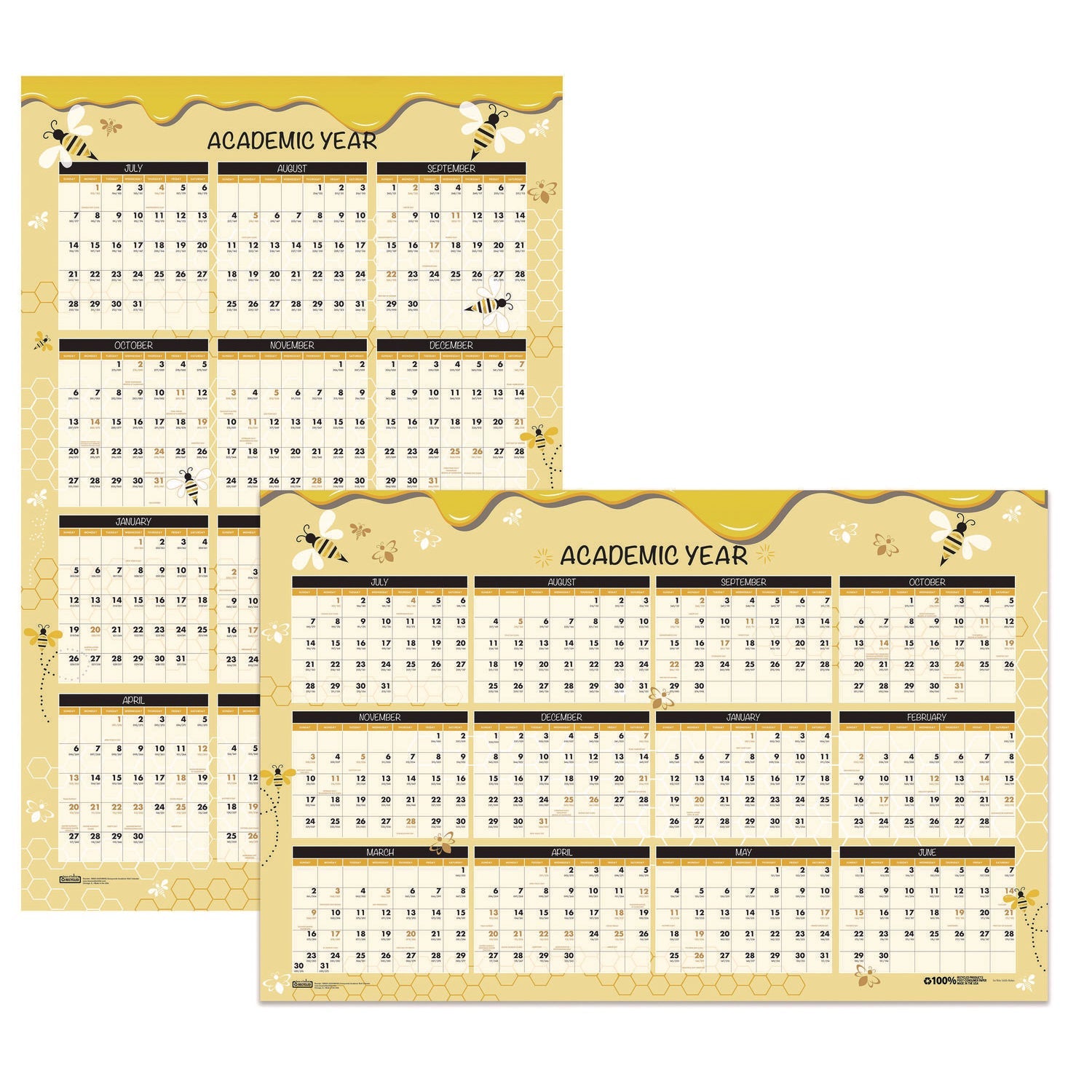 house-of-doolittle-100-recycled-academic-honeycomb-laminated-wall-calendar-24-x-37-tan-yellow-sheets-12-month-july-june-2024-to-2025-hod39855_1