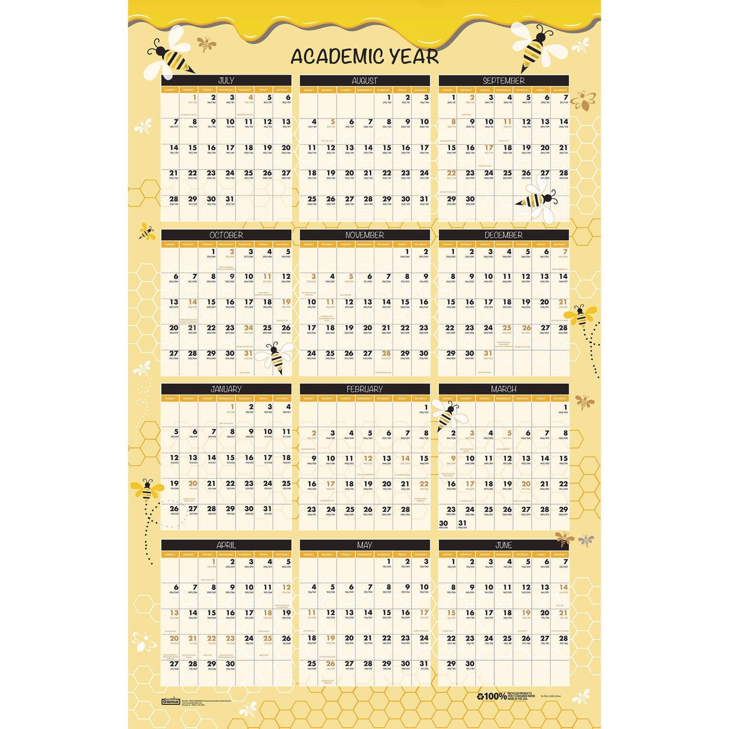 house-of-doolittle-100-recycled-academic-honeycomb-laminated-wall-calendar-24-x-37-tan-yellow-sheets-12-month-july-june-2024-to-2025-hod39855_2