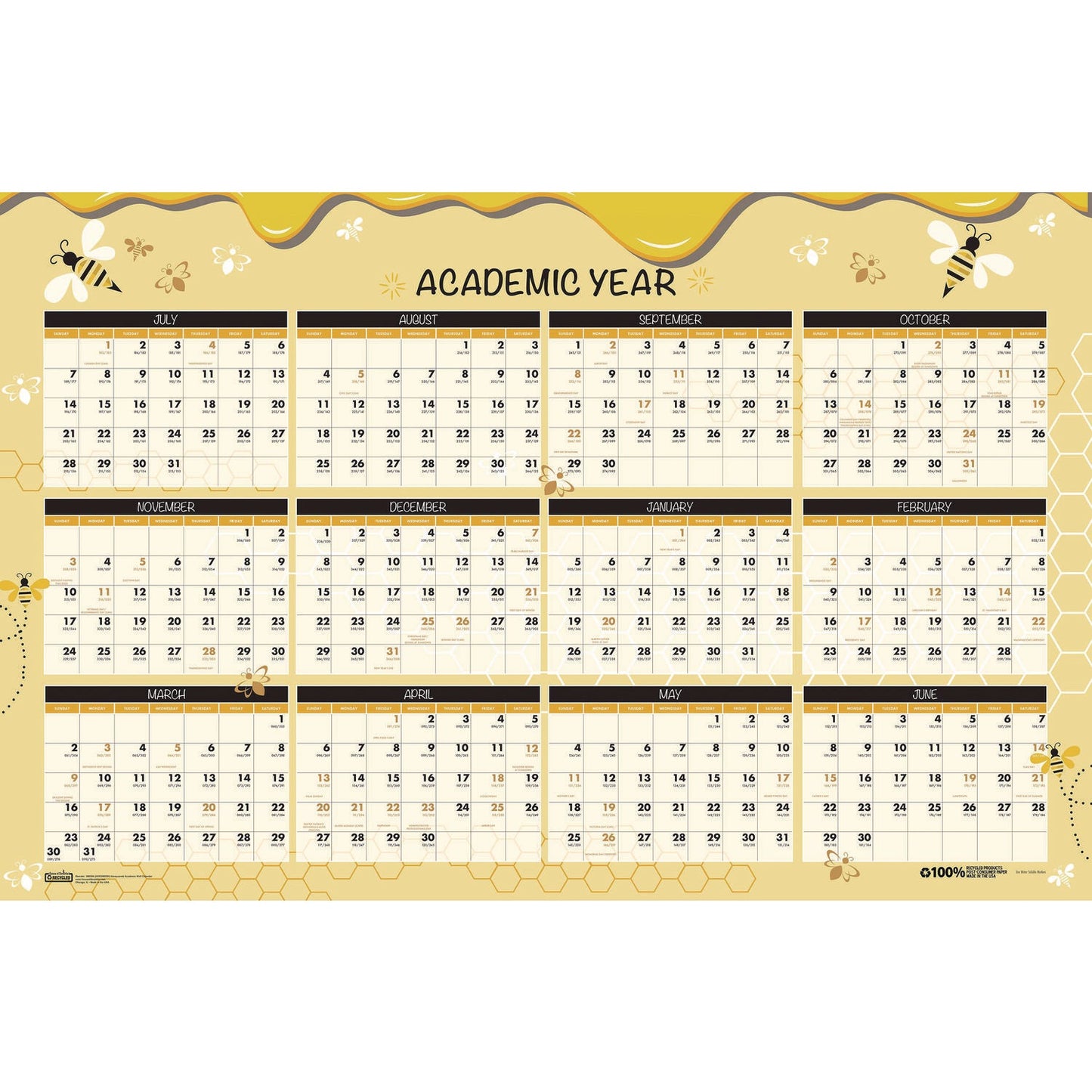 house-of-doolittle-100-recycled-academic-honeycomb-laminated-wall-calendar-24-x-37-tan-yellow-sheets-12-month-july-june-2024-to-2025-hod39855_3