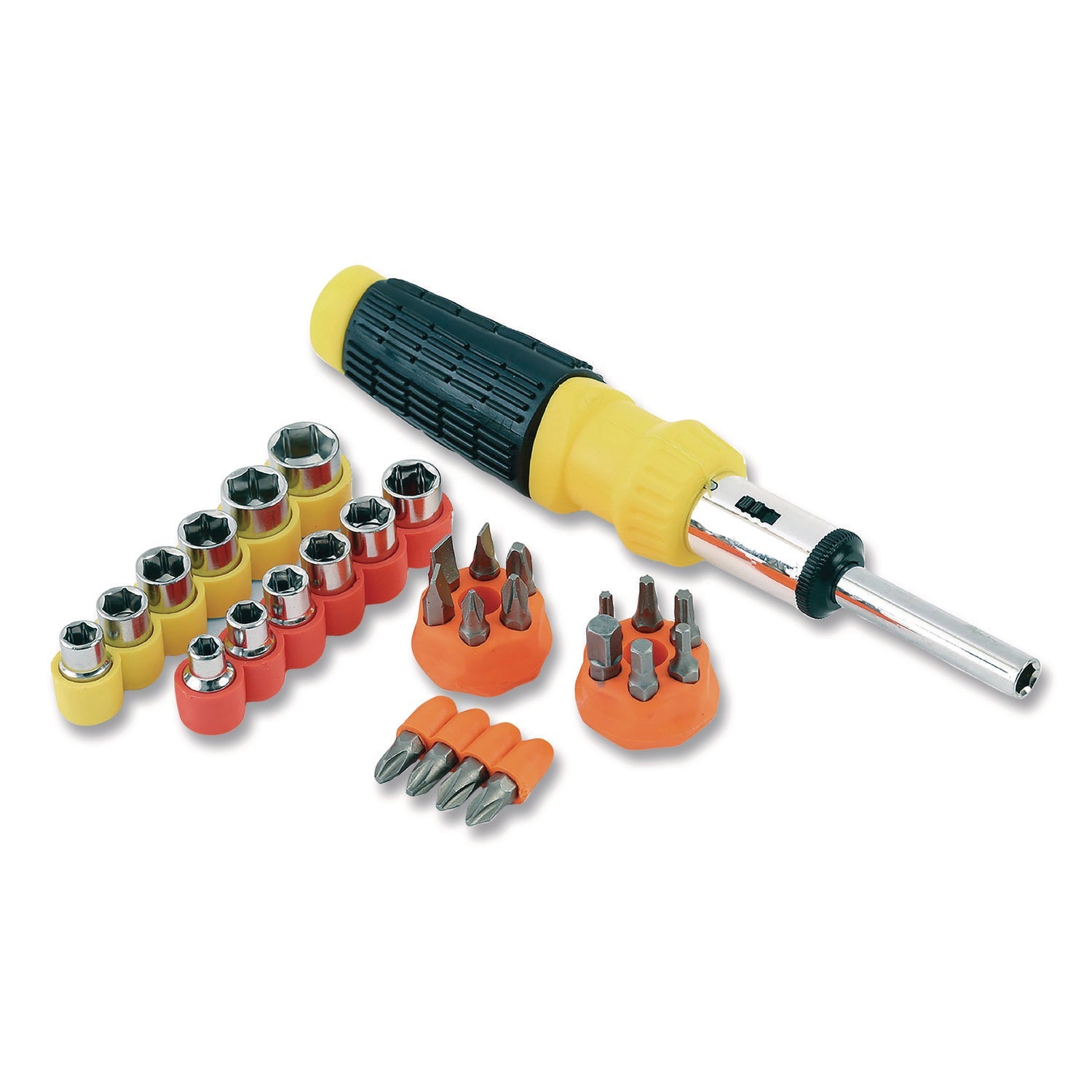 great-neck-r-ratcheting-screw-nut-driver-set-34-piece-hex-phillips-slotted-star-bits-metric-sae-sockets-8-long-yellow-black-handle-gns92018_1