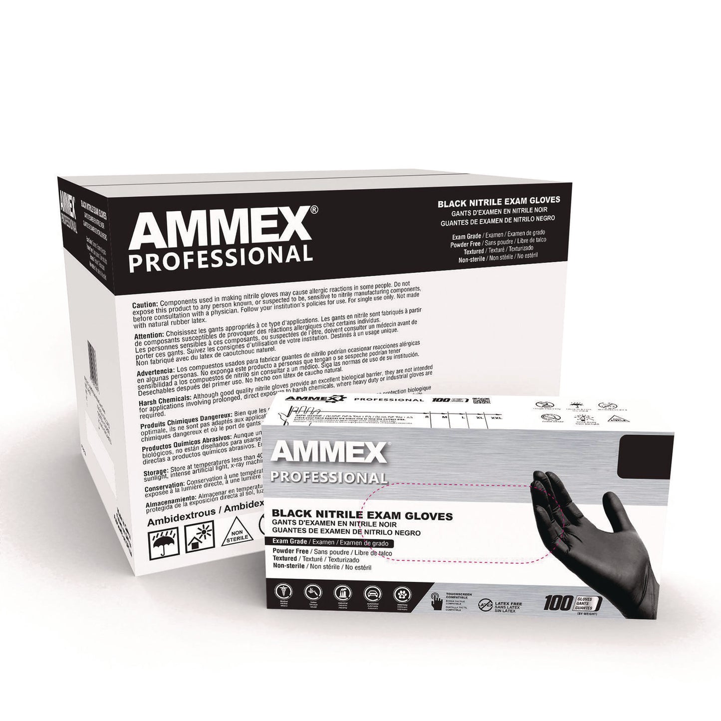 AMMEX® Professional Nitrile Exam Gloves, Powder-Free, X-Large, 3 mil Thick, 9.5" Long, Black, 100/Box, 10 Boxes/Carton (AXCABNPF48100CT)