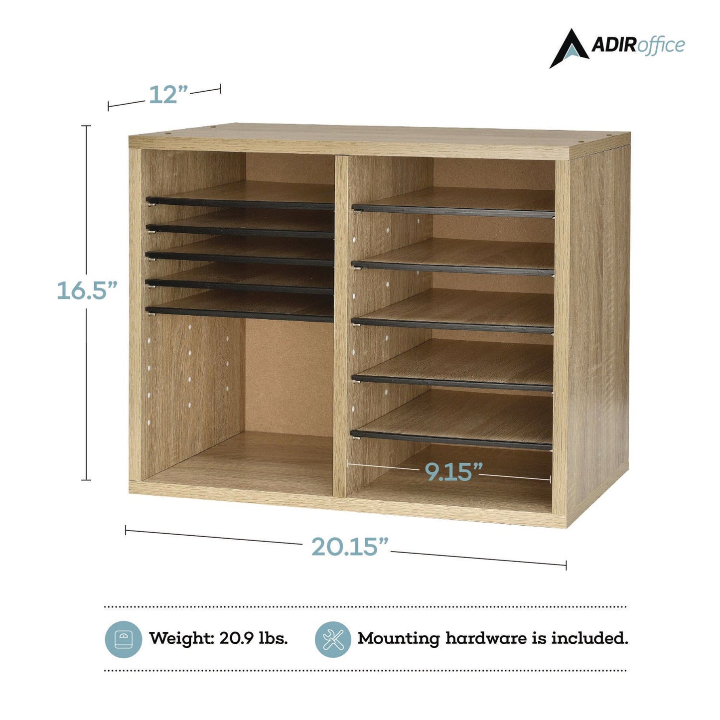 adiroffice-wood-adjustable-12-compartment-literature-organizer-12-sections-letter-size-20-x-11-8-x-16-3-medium-oak-alhi50012meo_3