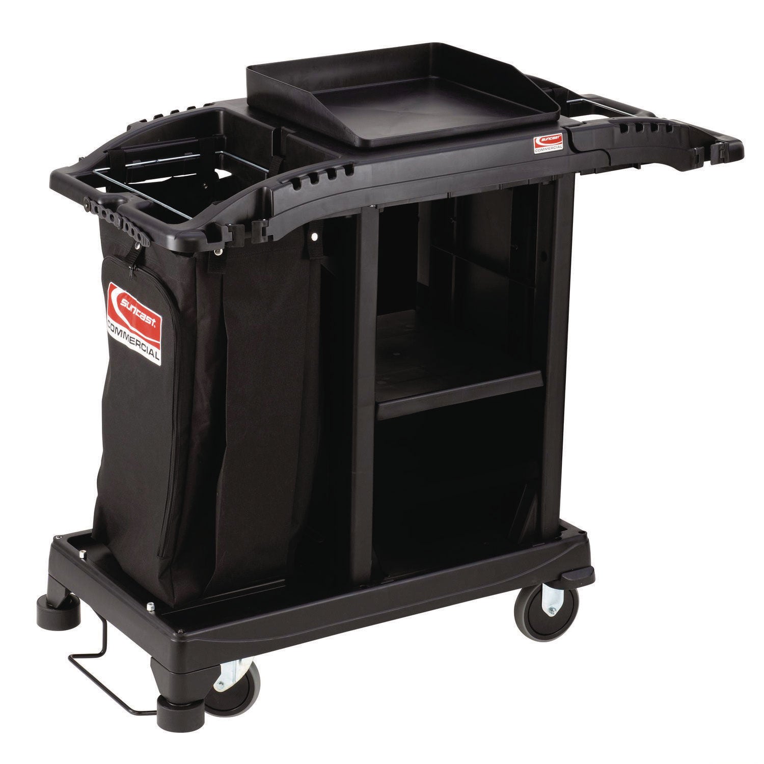 suncast-commercial-compact-standard-housekeeping-cart-plastic-1-shelf-23-25-x-53-18-x-46-57-black-suahkcct100_1